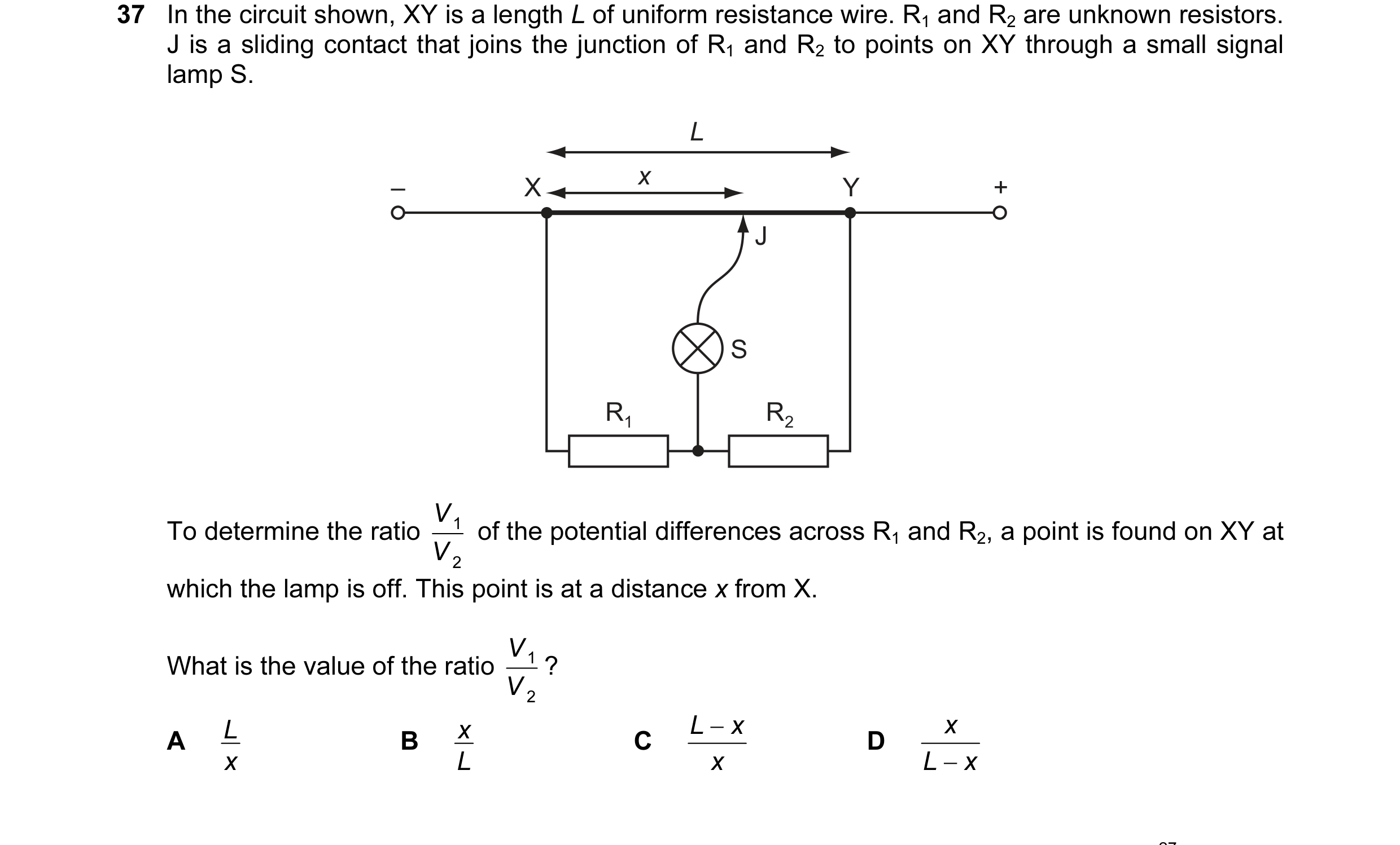 Question 17: In the circuit shown, XY is a length L of uniform resistance wire. R1 and R2 are unknown resistors. J is a sliding contact that joins the j…