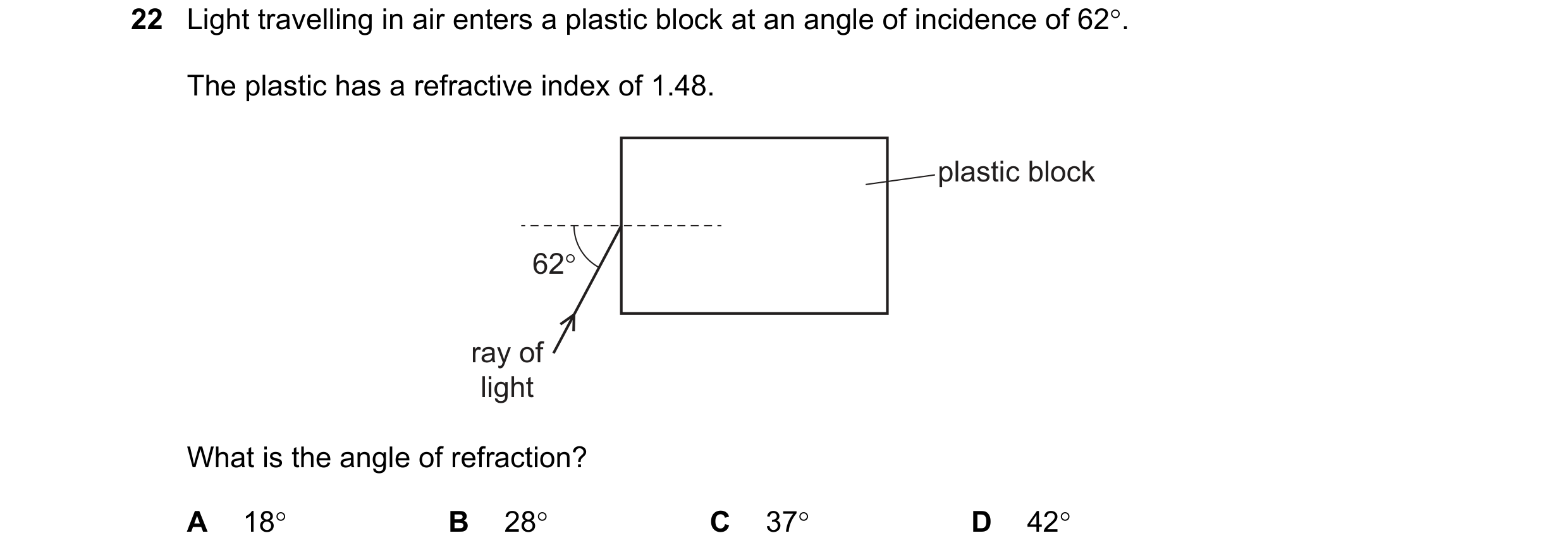 Question 34: Light travelling in air enters a plastic block at an angle of incidence of 62°. The plastic has a refractive index of 1.48. plastic block 6…