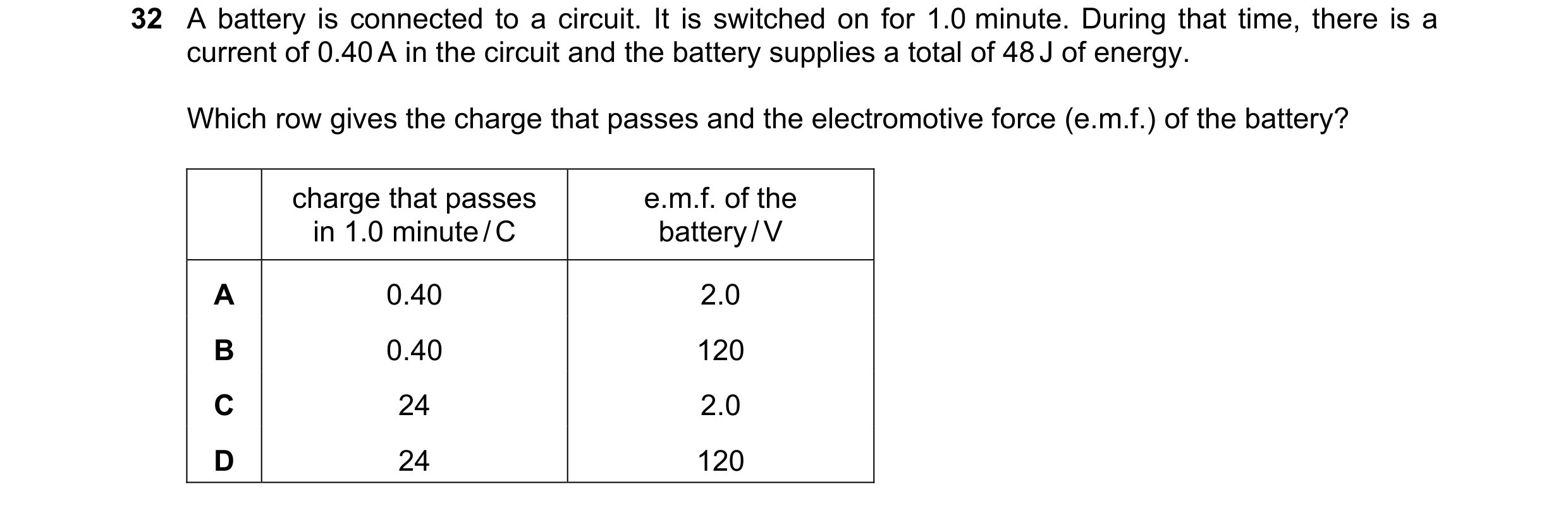 Question 46: A battery is connected to a circuit. It is switched on for 1.0 minute. During that time, there is a current of 0.40 A in the circuit and th…
