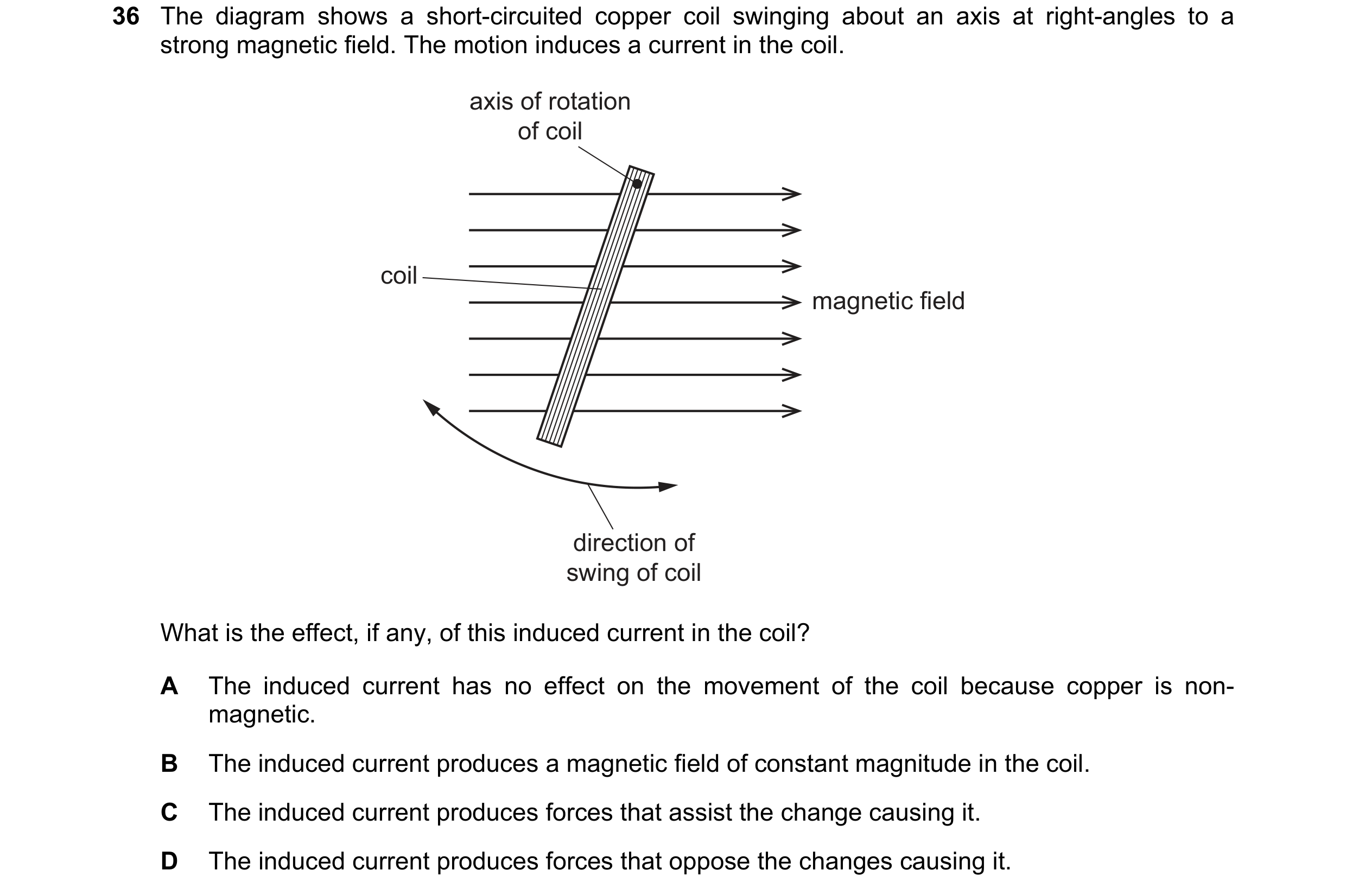 Question 34: The diagram shows a short-circuited copper coil swinging about an axis at right-angles to a strong magnetic field. The motion induces a cur…