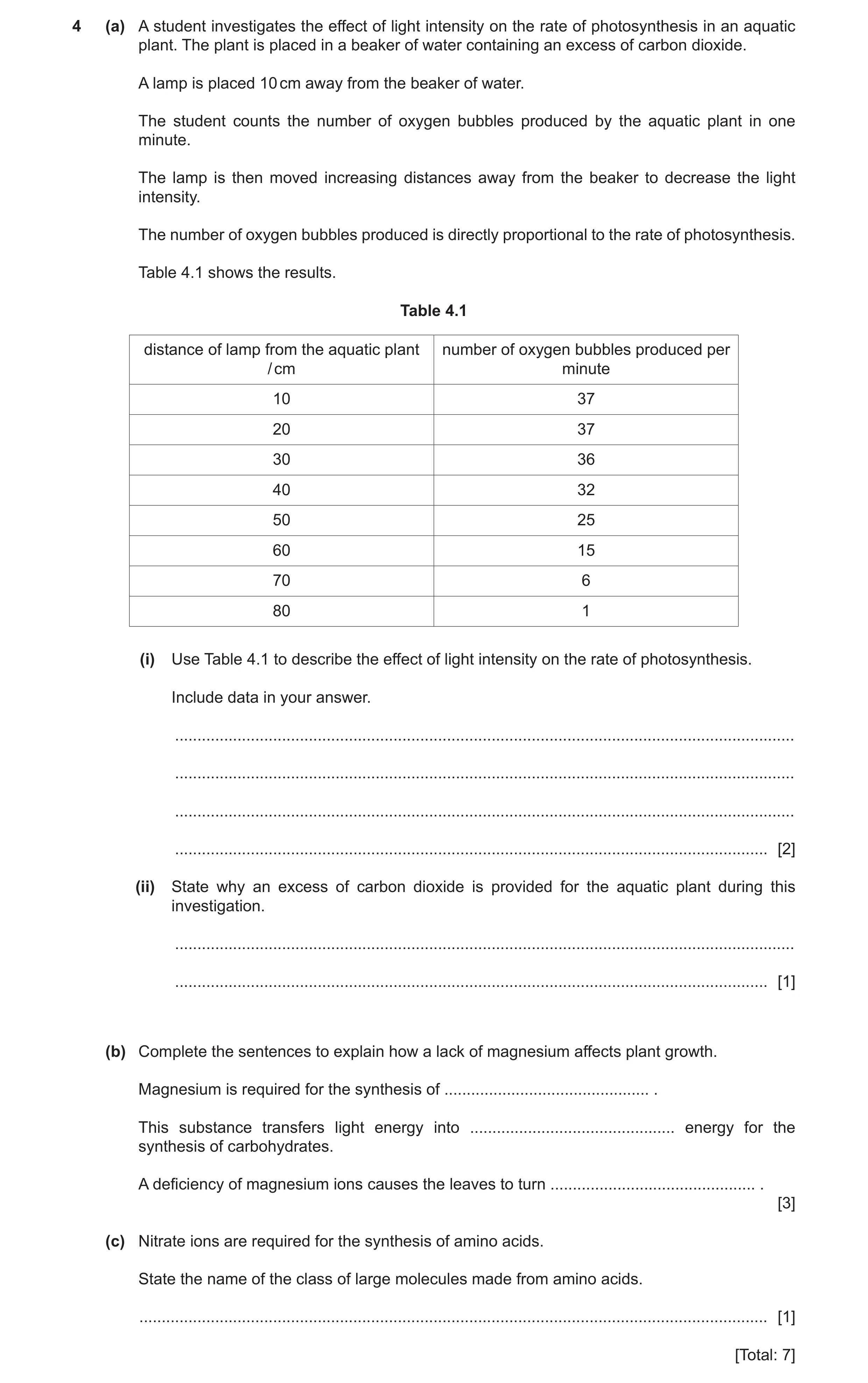 Question 19: (a) A student investigates the effect of light intensity on the rate of photosynthesis in an aquatic plant. The plant is placed in a beaker…