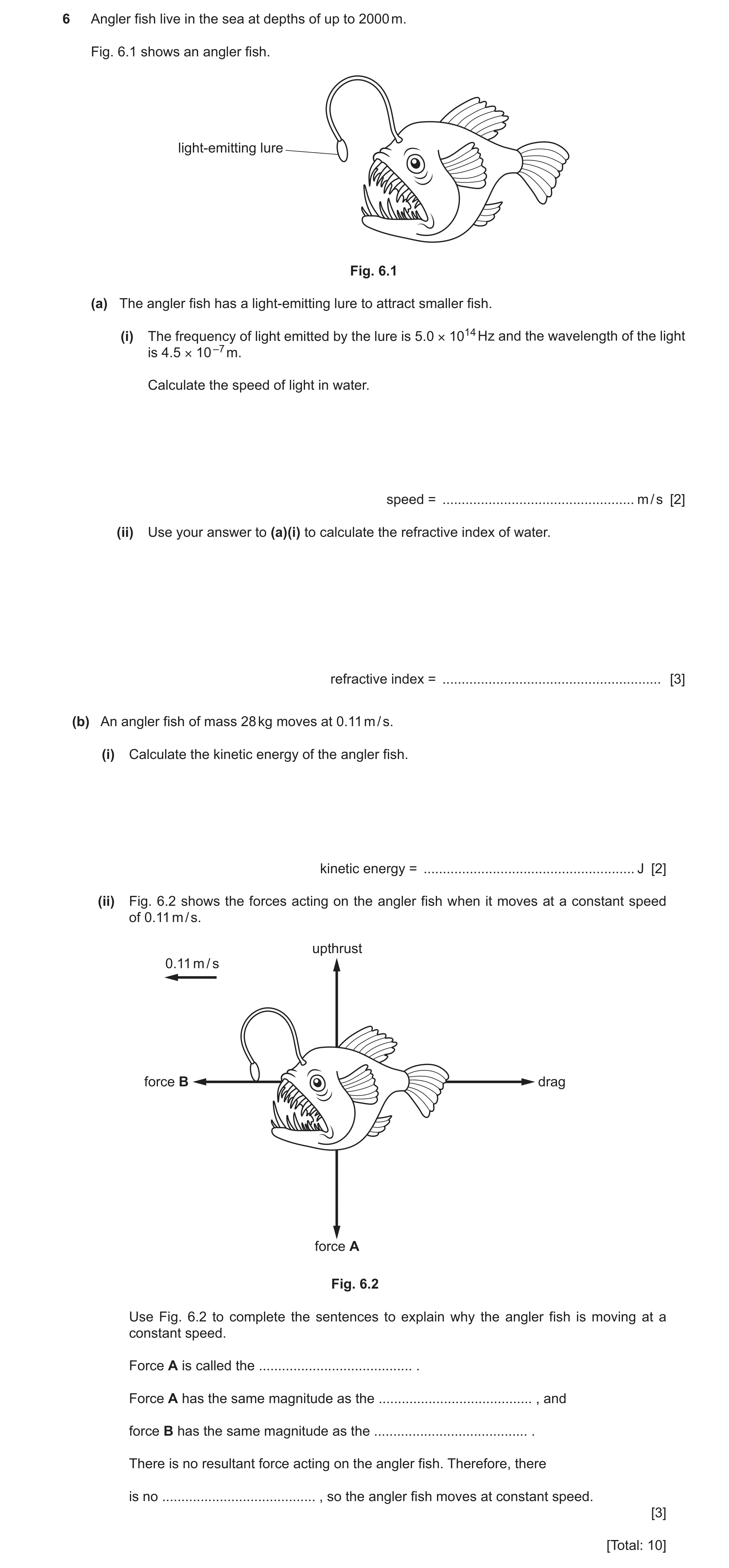 Question 47: Angler fish live in the sea at depths of up to 2000 m. Fig. 6.1 shows an angler fish. light-emitting lure Fig. 6.1 (a) The angler fish has …