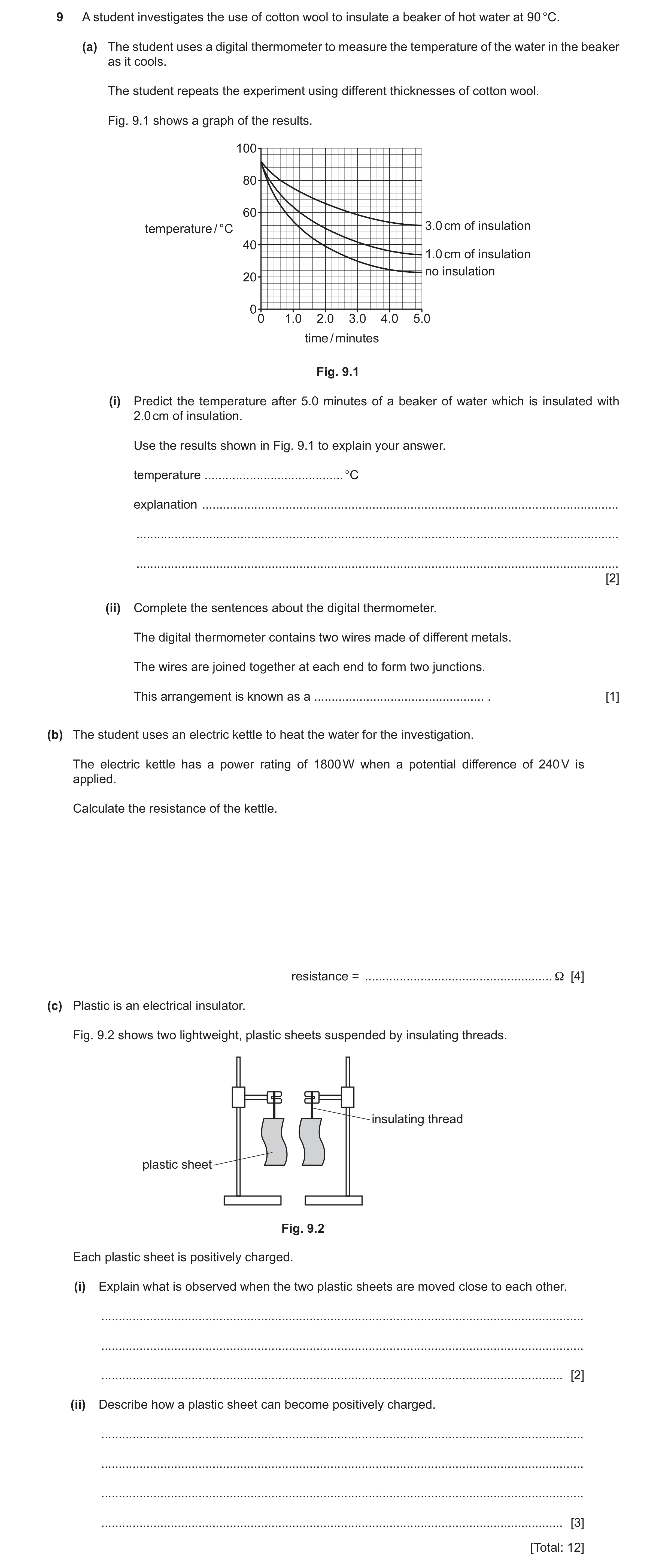 Question 31: A student investigates the use of cotton wool to insulate a beaker of hot water at 90 °C. (a) The student uses a digital thermometer to mea…