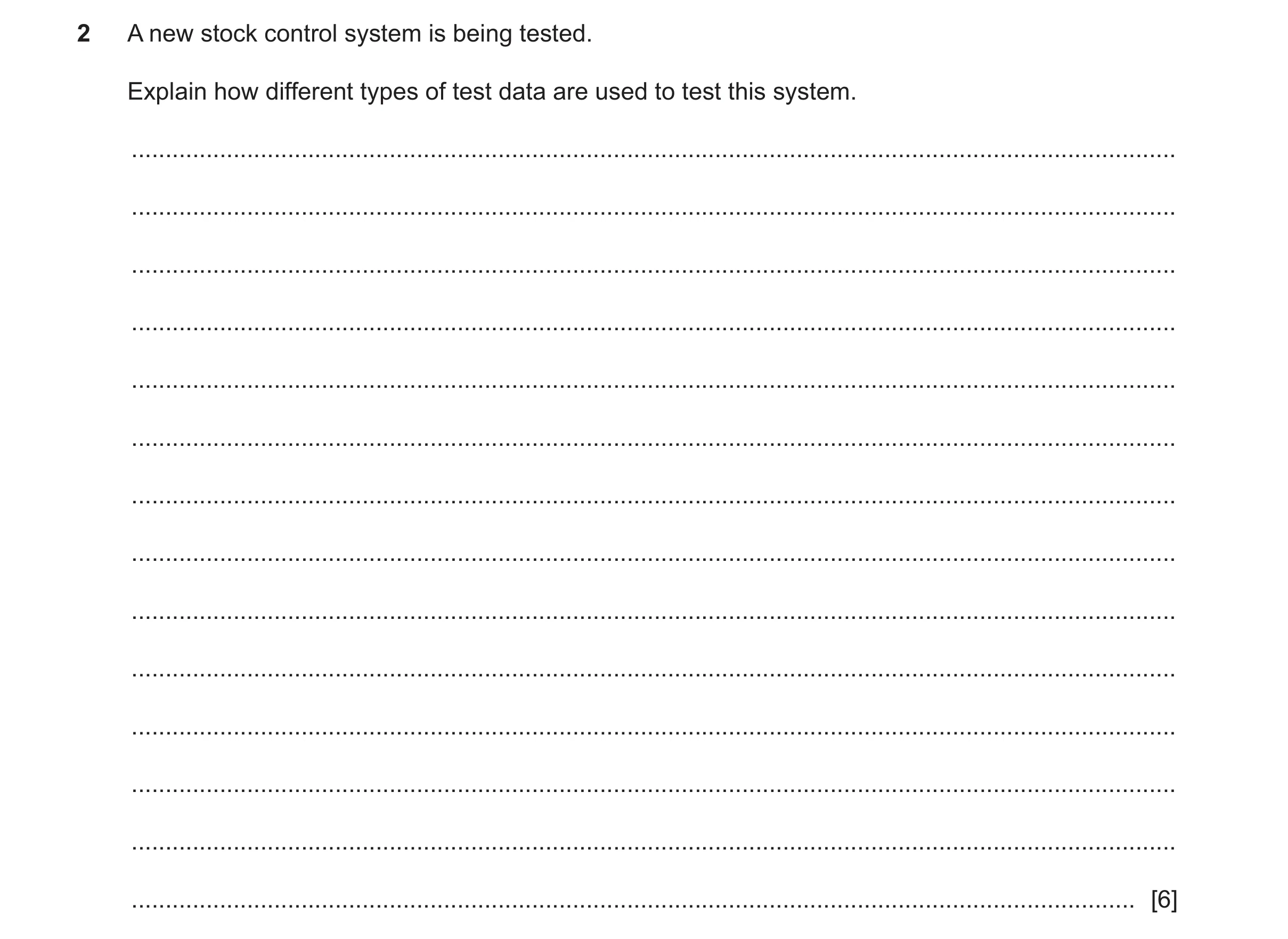 Question 17: A new stock control system is being tested. Explain how different types of test data are used to test this system. ........................…