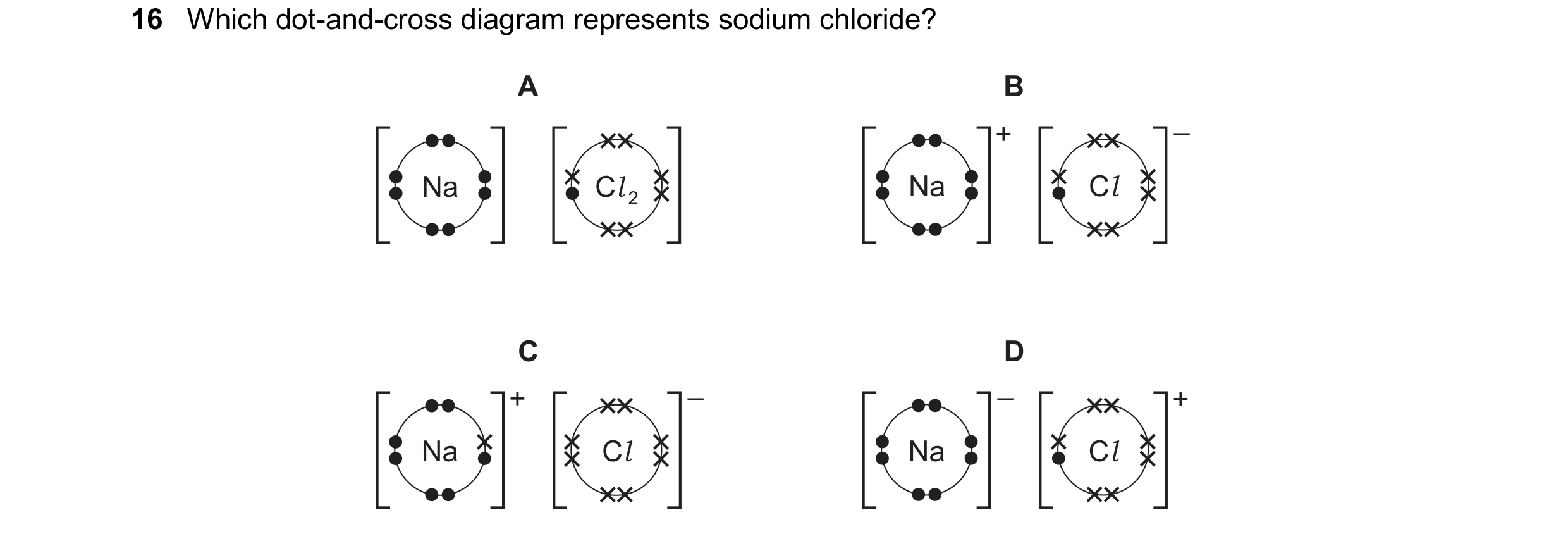 Question 30: Which dot-and-cross diagram represents sodium chloride? A B + – Na Cl 2 Na Cl C D + – – + Na Cl Na Cl