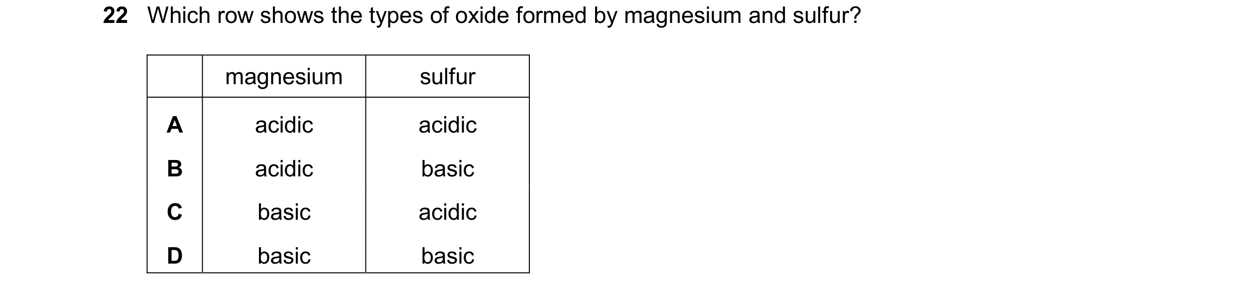 Question 49: Which row shows the types of oxide formed by magnesium and sulfur? magnesium sulfur A acidic acidic B acidic basic C basic acidic D basic b…