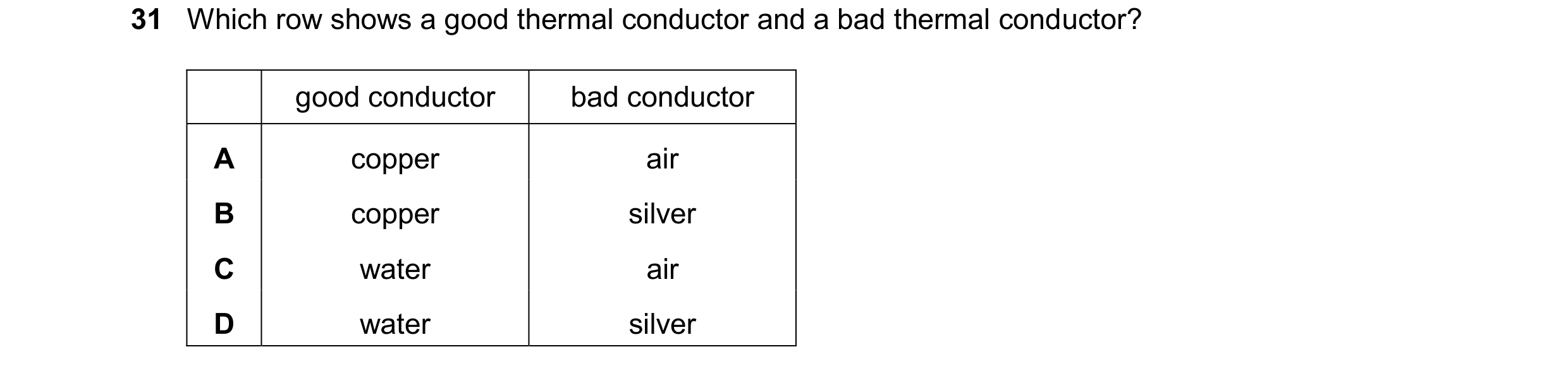 Question 79: Which row shows a good thermal conductor and a bad thermal conductor? good conductor bad conductor A copper air B copper silver C water air…