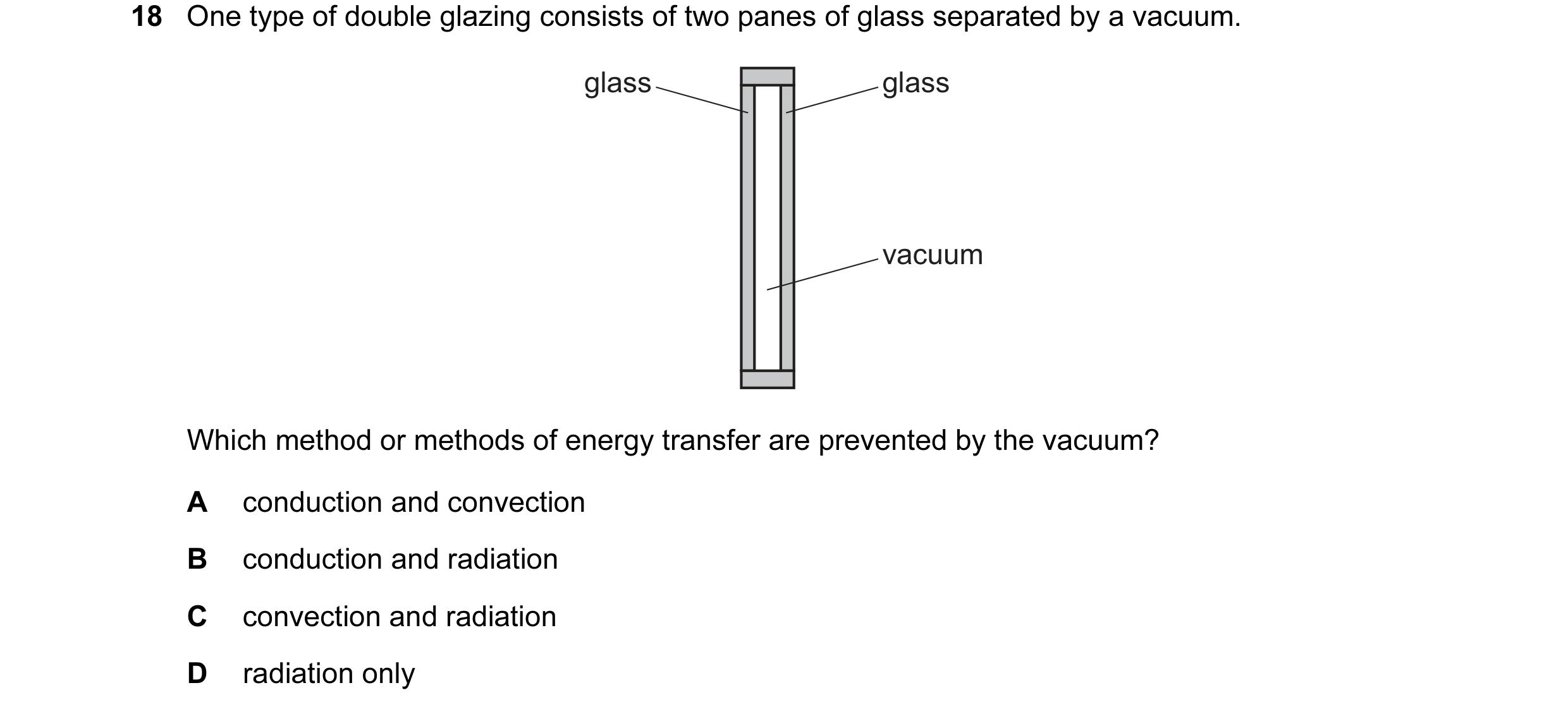 Question 64: One type of double glazing consists of two panes of glass separated by a vacuum. glass glass vacuum Which method or methods of energy trans…