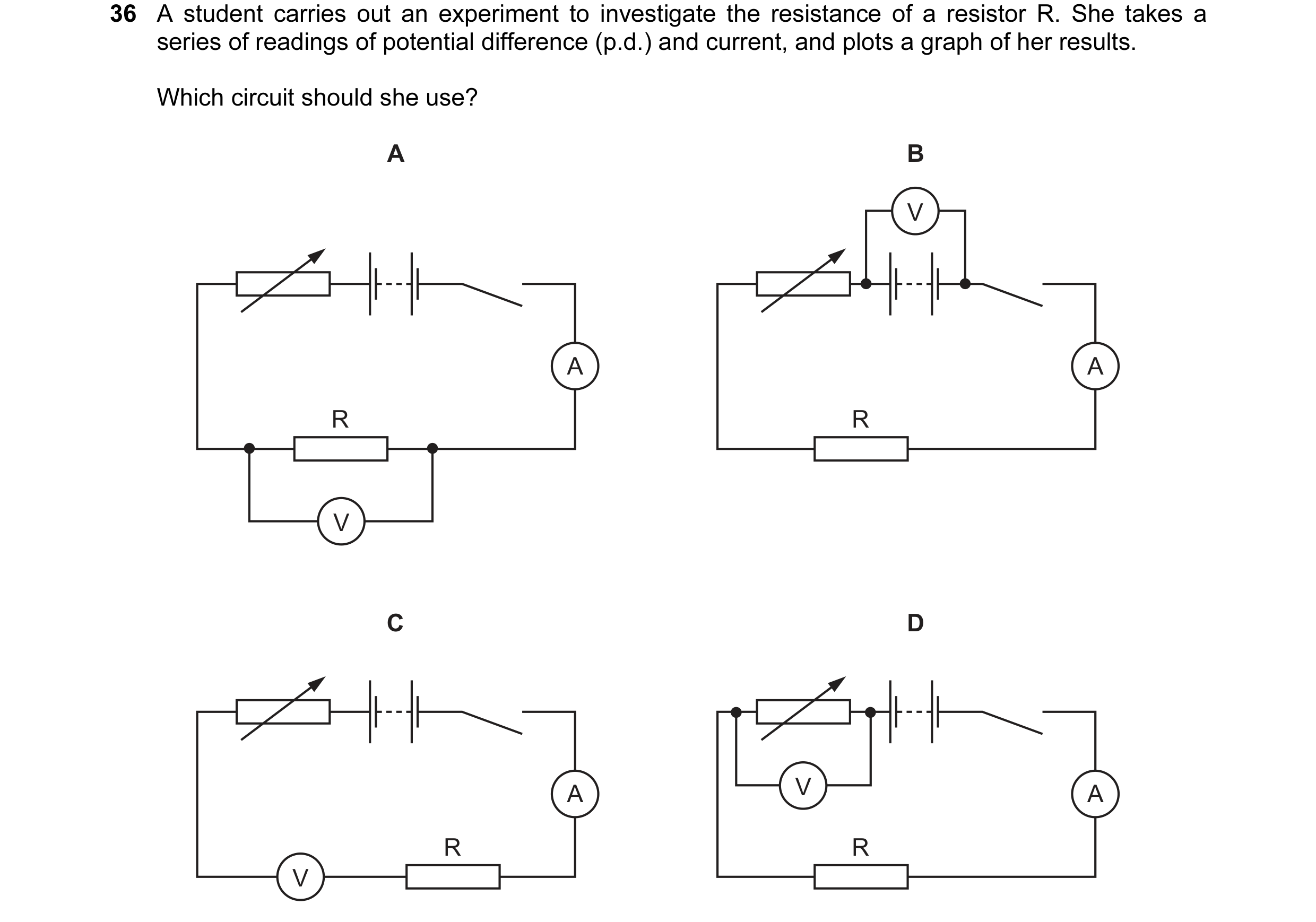 Question 144: A student carries out an experiment to investigate the resistance of a resistor R. She takes a series of readings of potential difference (…