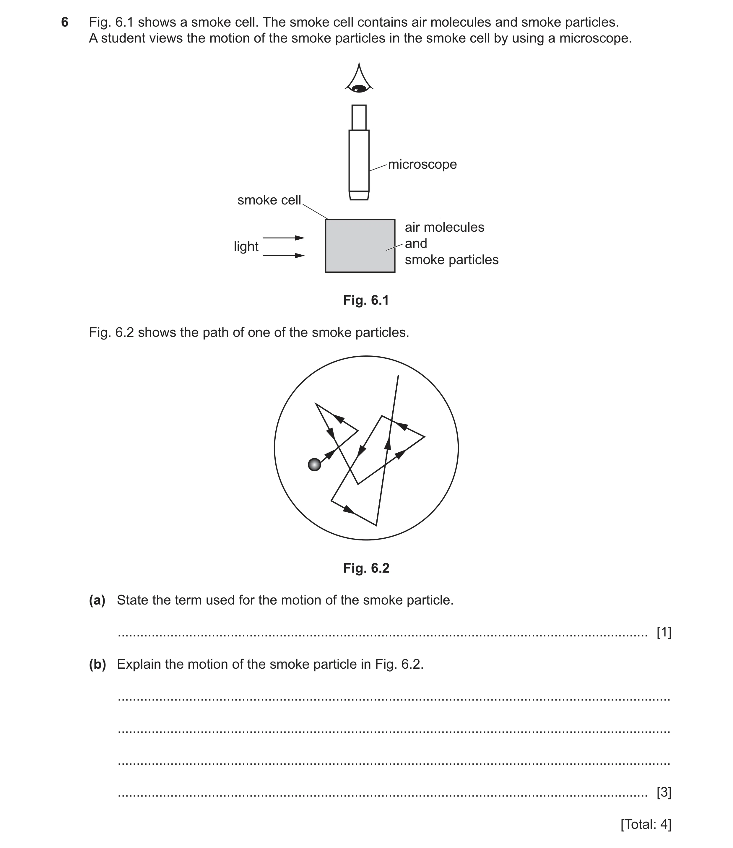 Question 26: Fig. 6.1 shows a smoke cell. The smoke cell contains air molecules and smoke particles. A student views the motion of the smoke particles i…