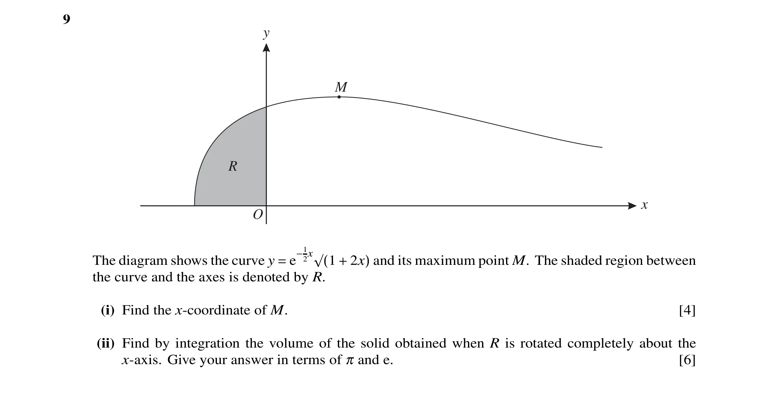 Question 4: y M R x O The diagram shows the curve y = e−12x√(1 + 2x) and its maximum point M. The shaded region between the curve and the axes is denot…