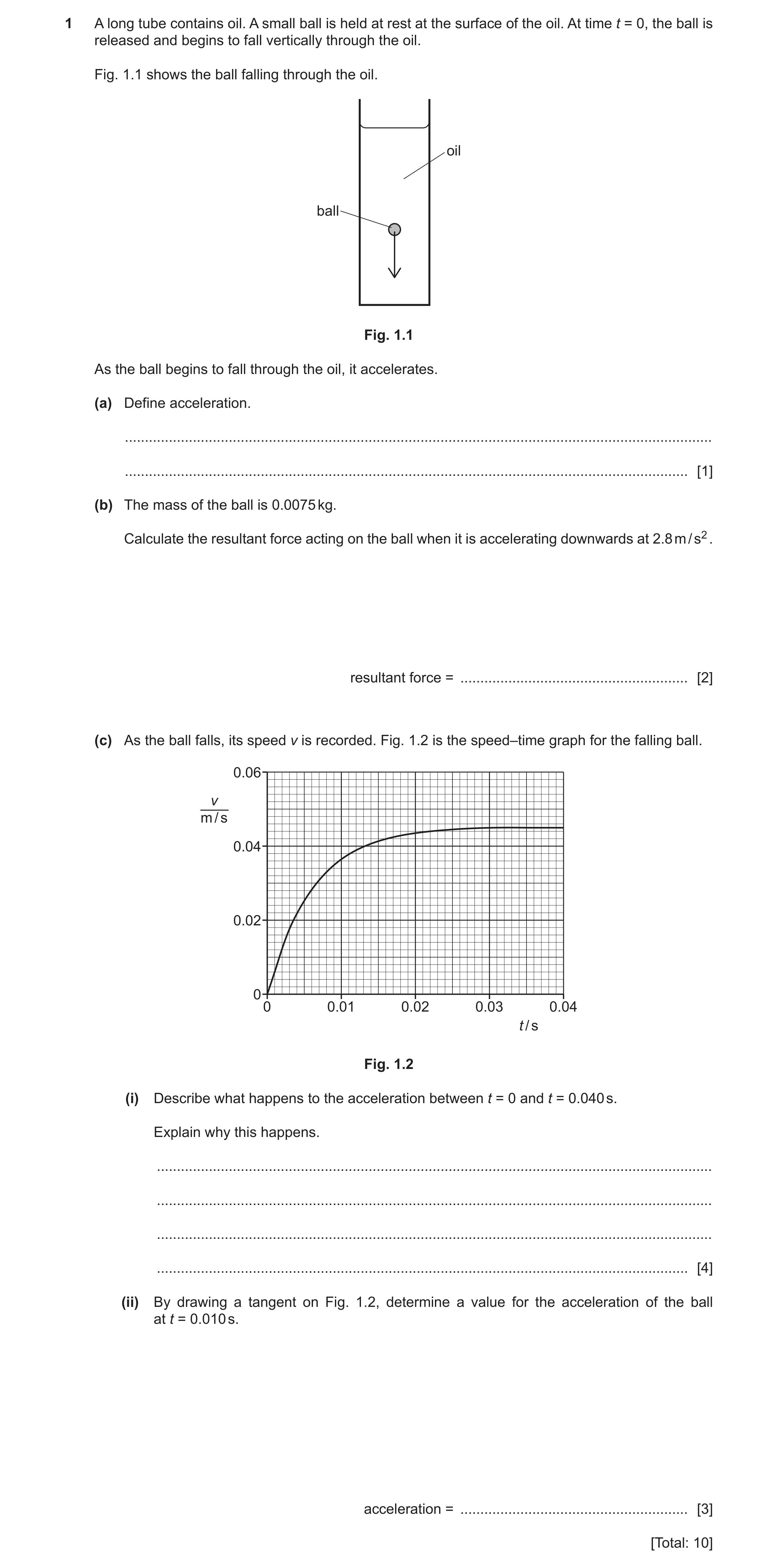 Question 48: A long tube contains oil. A small ball is held at rest at the surface of the oil. At time t = 0, the ball is released and begins to fall ve…