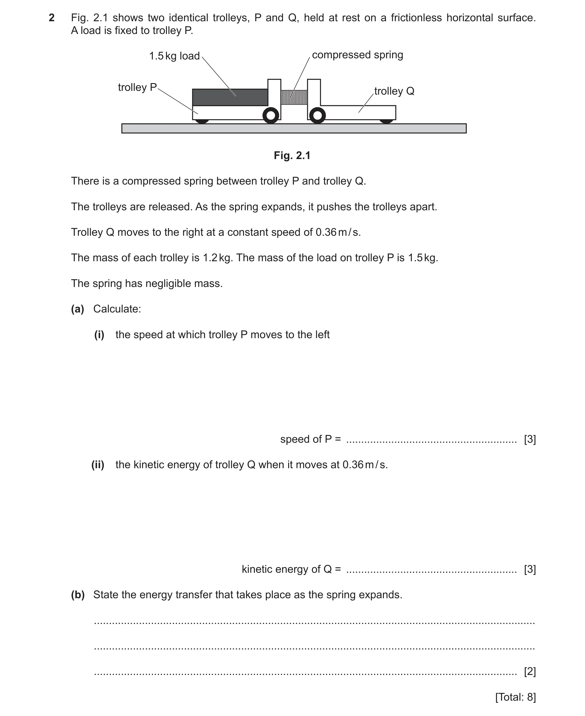 Question 24: Fig. 2.1 shows two identical trolleys, P and Q, held at rest on a frictionless horizontal surface. A load is fixed to trolley P. 1.5 kg loa…