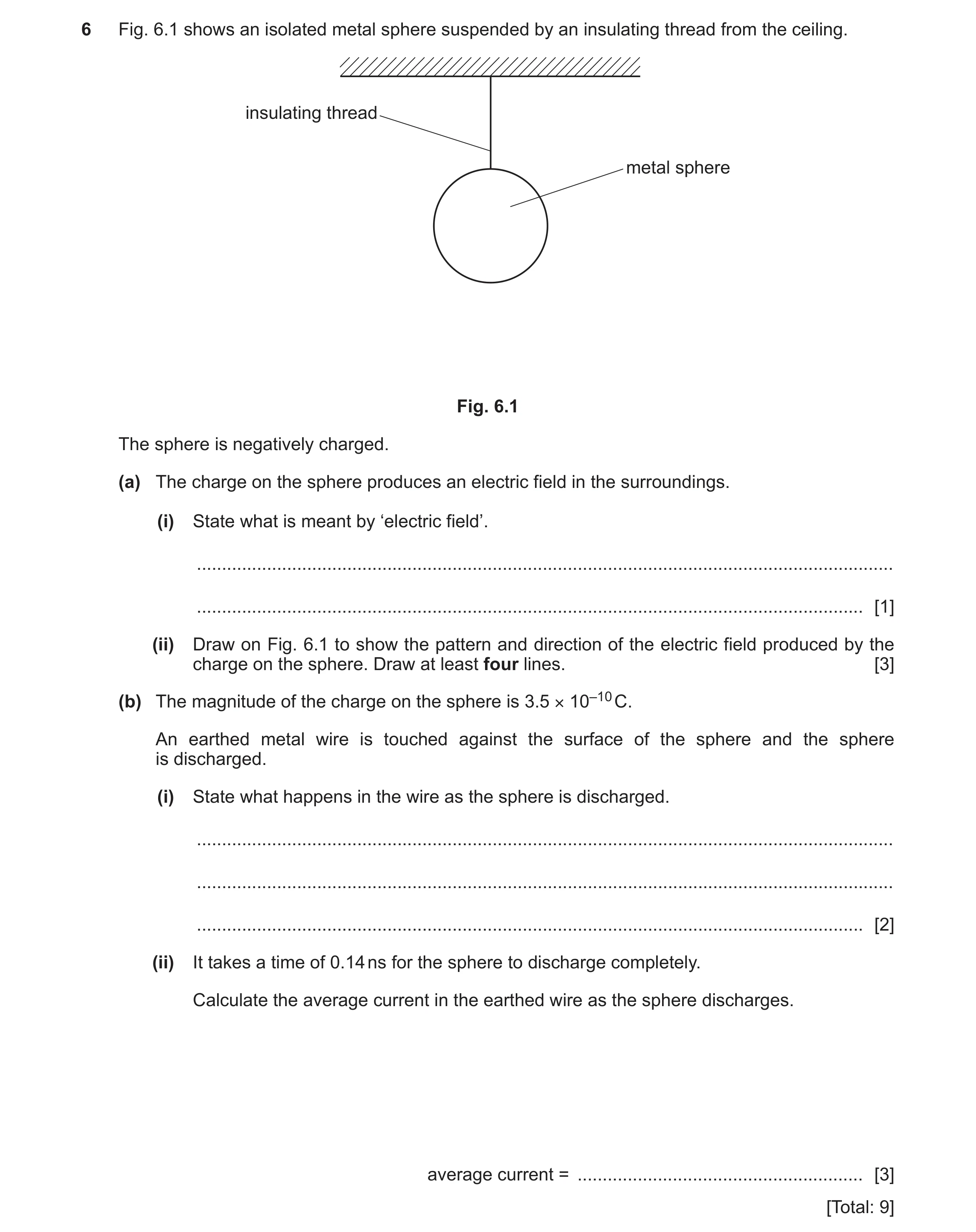 Question 42: Fig. 6.1 shows an isolated metal sphere suspended by an insulating thread from the ceiling. insulating thread metal sphere Fig. 6.1 The sph…