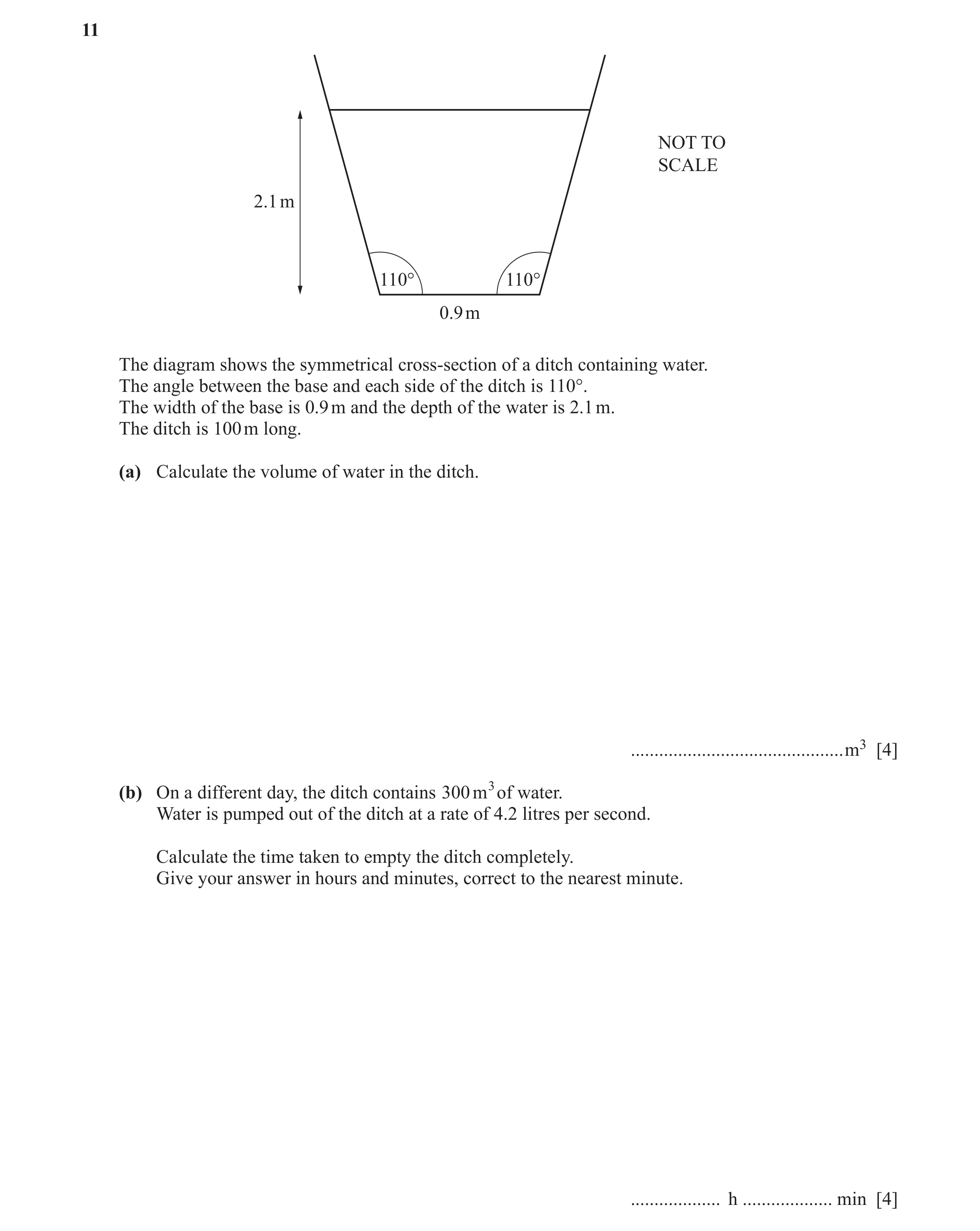 Question 22: NOT TO SCALE 2.1 m 110° 110° 0.9 m The diagram shows the symmetrical cross-section of a ditch containing water. The angle between the base …