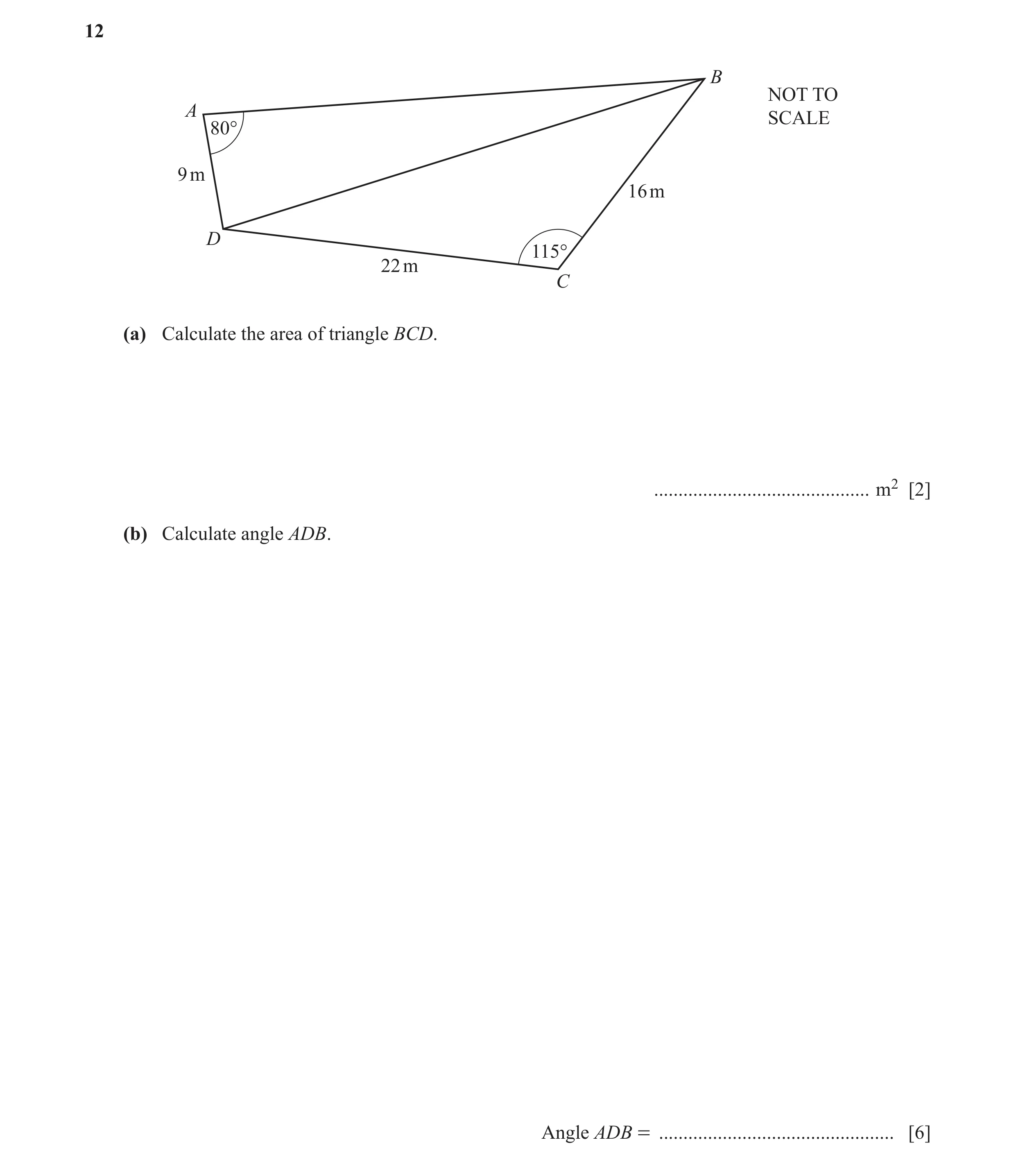 Question 21: B NOT TO A SCALE 80° 9 m 16 m D 115° 22 m C (a) Calculate the area of triangle BCD. ............................................ m2 [2] (b)…