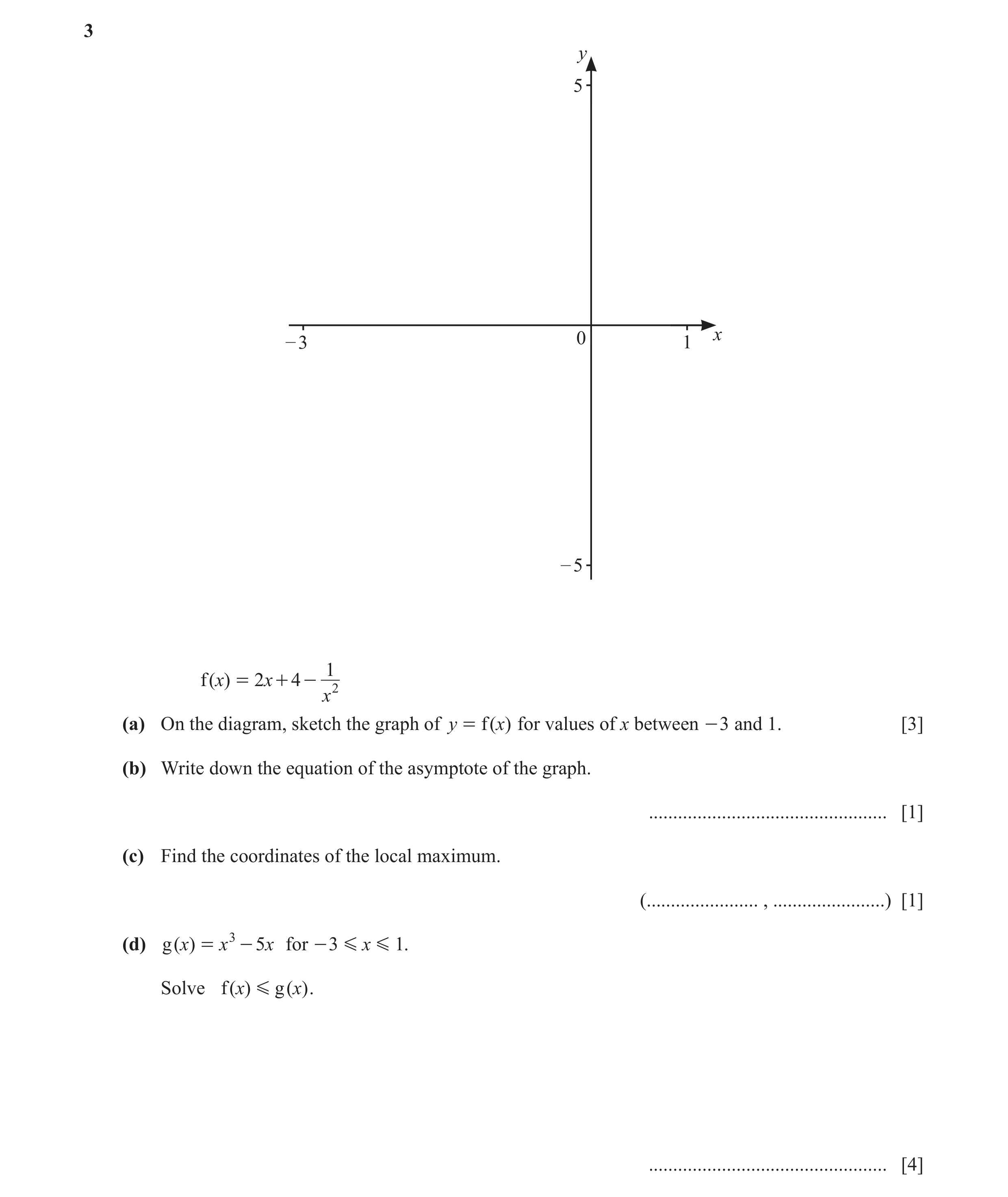 Question 28: y 5 – 3 0 1 x – 5 1 f ( x) = 2 x + 4 - 2 x (a) On the diagram, sketch the graph of y = f ( x) for values of x between - 3 and 1. [3] (b) Wr…