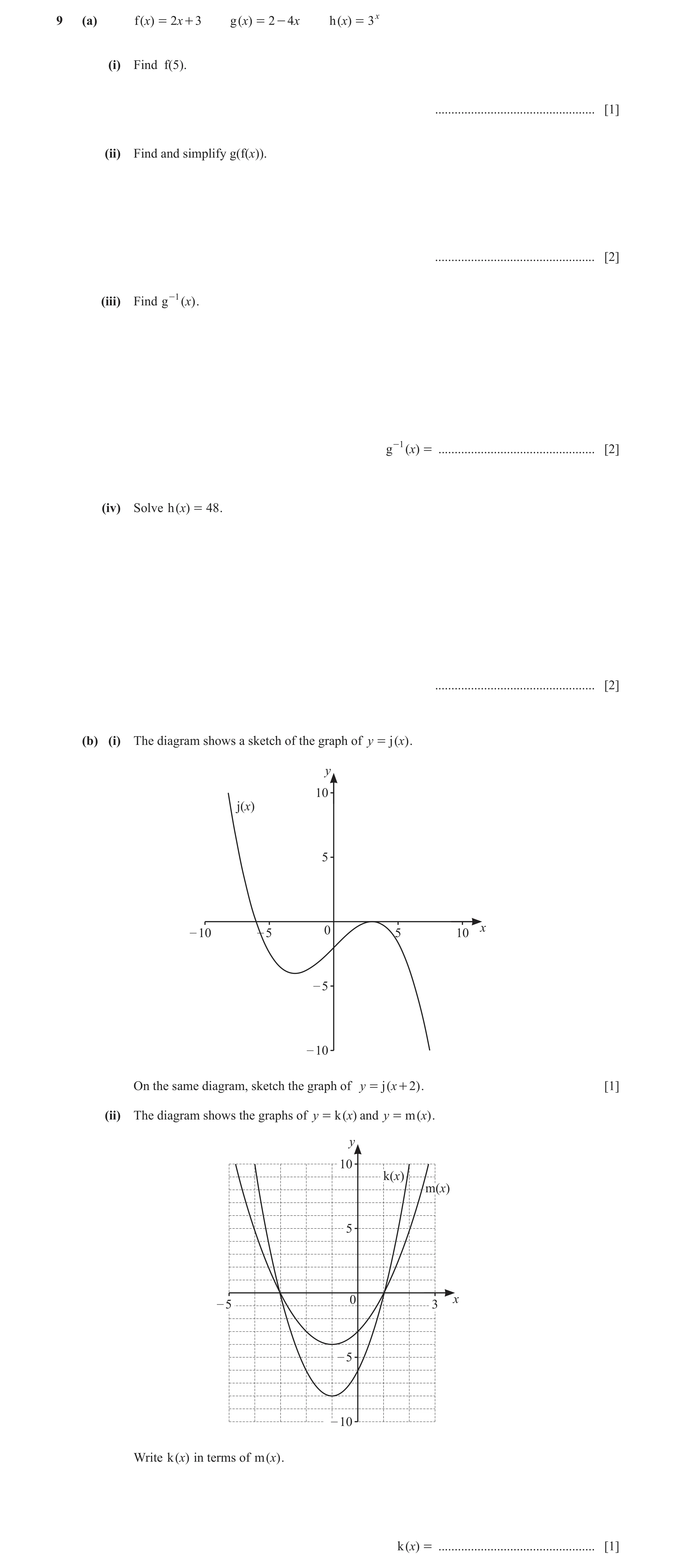 Question 29: (a) f ( x) = 2 x + 3 g ( x) = 2 - 4 x h ( x) = 3x (i) Find f(5). ................................................. [1] (ii) Find and simpli…