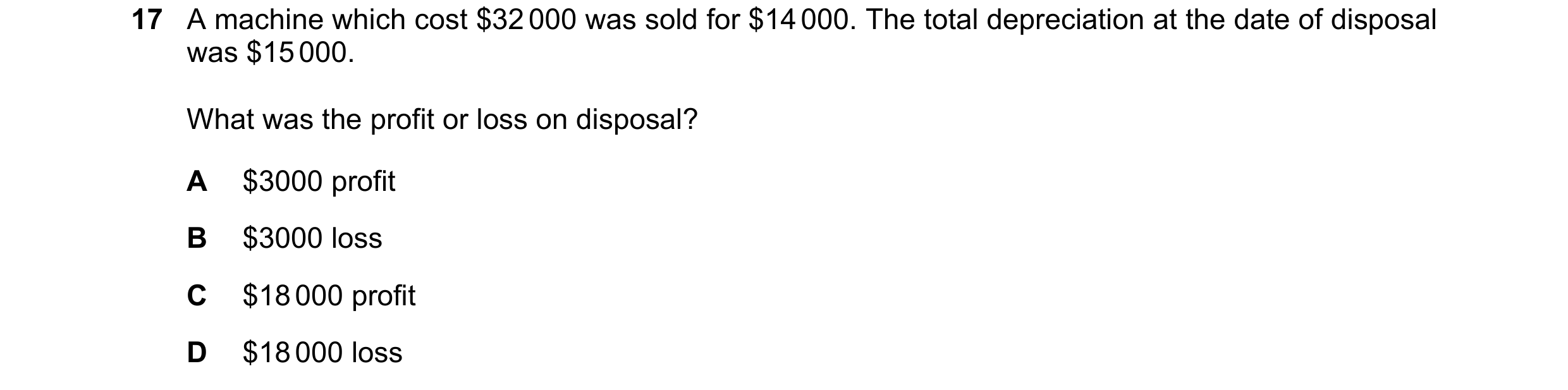 Question 6: A machine which cost $32 000 was sold for $14 000. The total depreciation at the date of disposal was $15 000. What was the profit or loss …