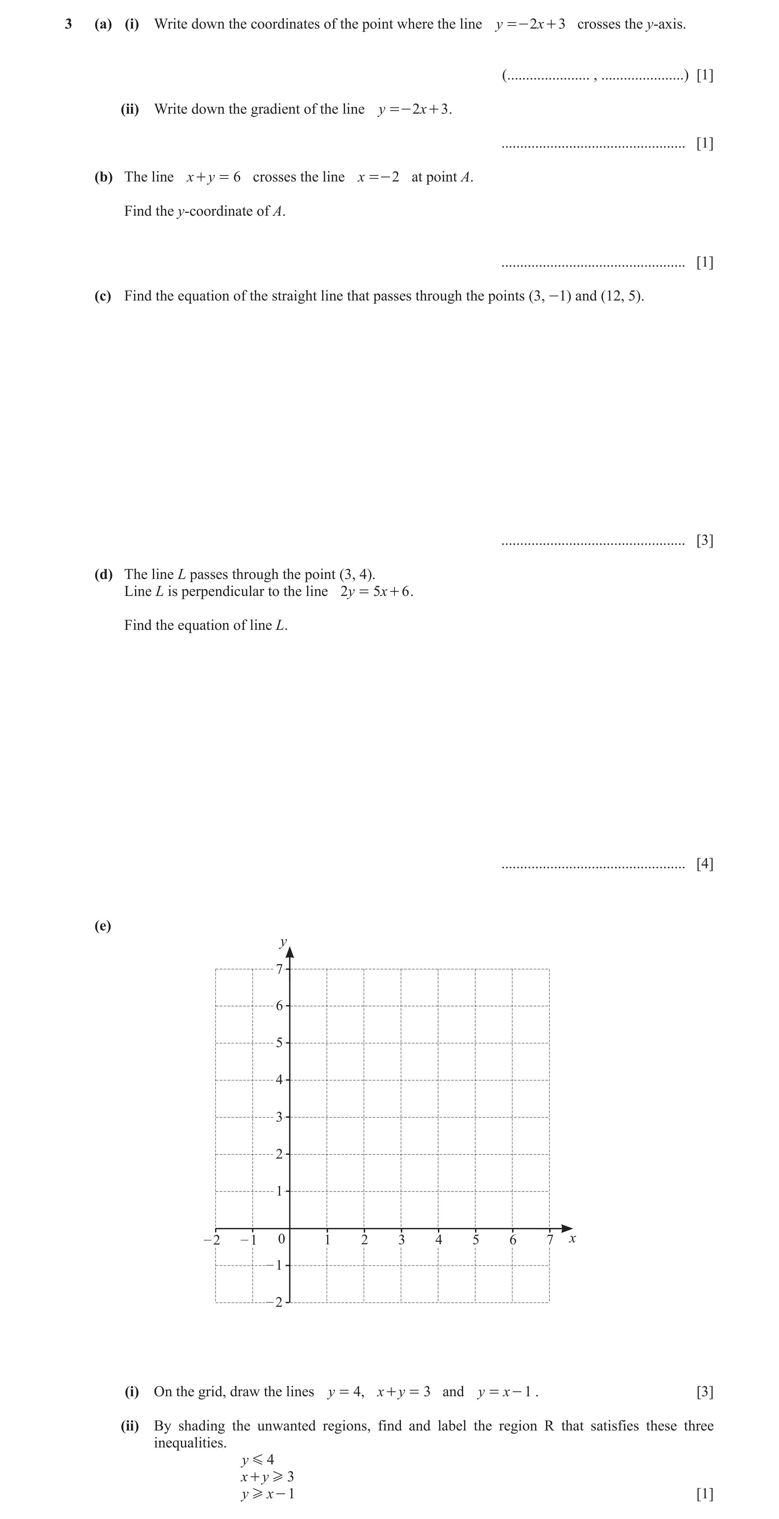 Question 8: (a) (i) Write down the coordinates of the point where the line y =- 2x + 3 crosses the y-axis. (...................... , ..................…