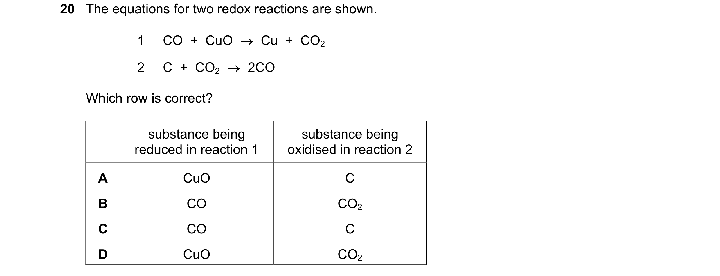 Question 51: The equations for two redox reactions are shown. 1 CO  +  CuO  →  Cu  +  CO2 2 C  +  CO2  →  2CO Which row is correct? substance being subs…