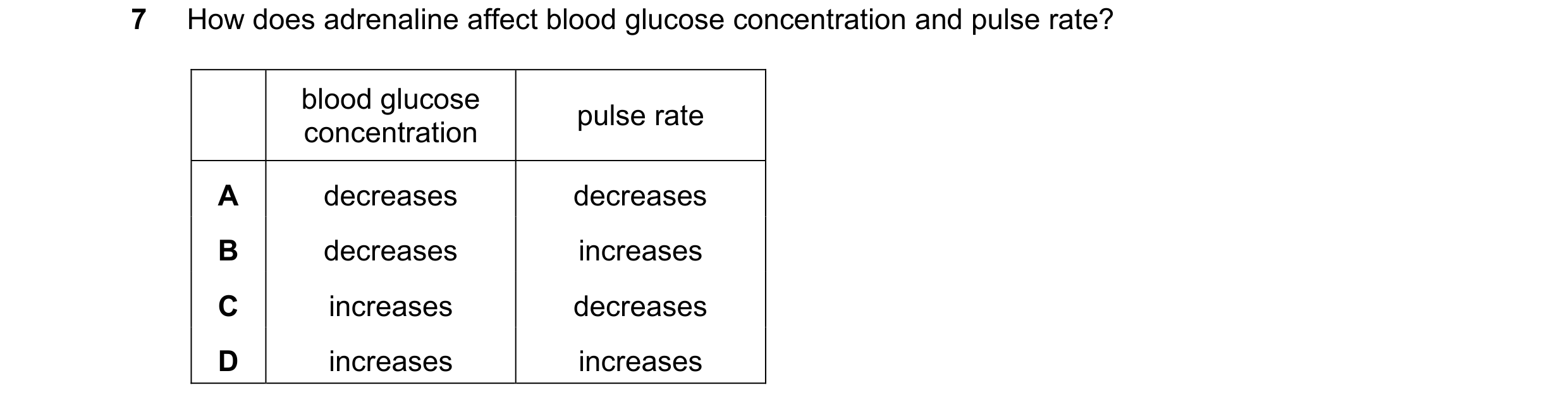Question 34: How does adrenaline affect blood glucose concentration and pulse rate? blood glucose pulse rate concentration A decreases decreases B decre…