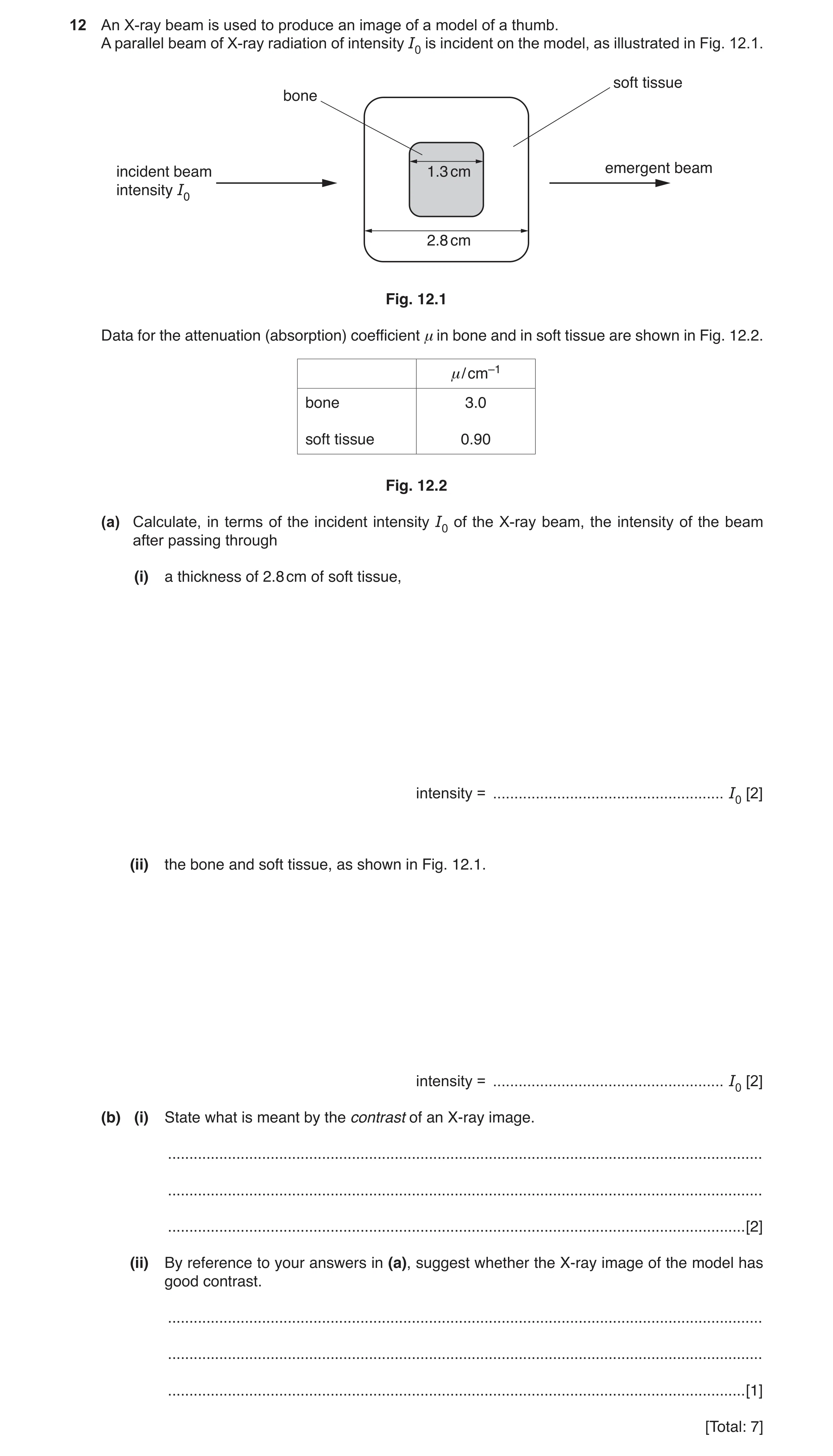 Question 8: An X-ray beam is used to produce an image of a model of a thumb. A parallel beam of X-ray radiation of intensity I0 is incident on the mode…