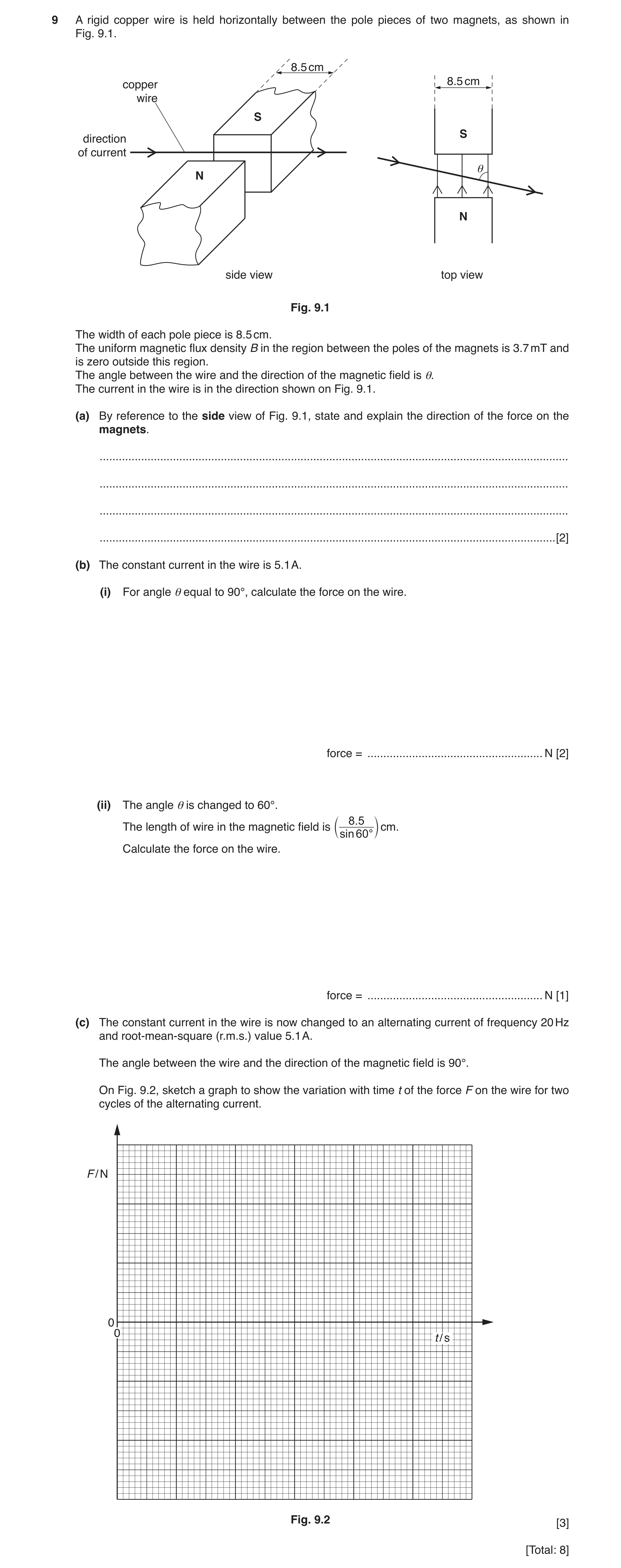 Question 6: A rigid copper wire is held horizontally between the pole pieces of two magnets, as shown in Fig. 9.1. 8.5 cm 8.5 cm copper wire S S direct…