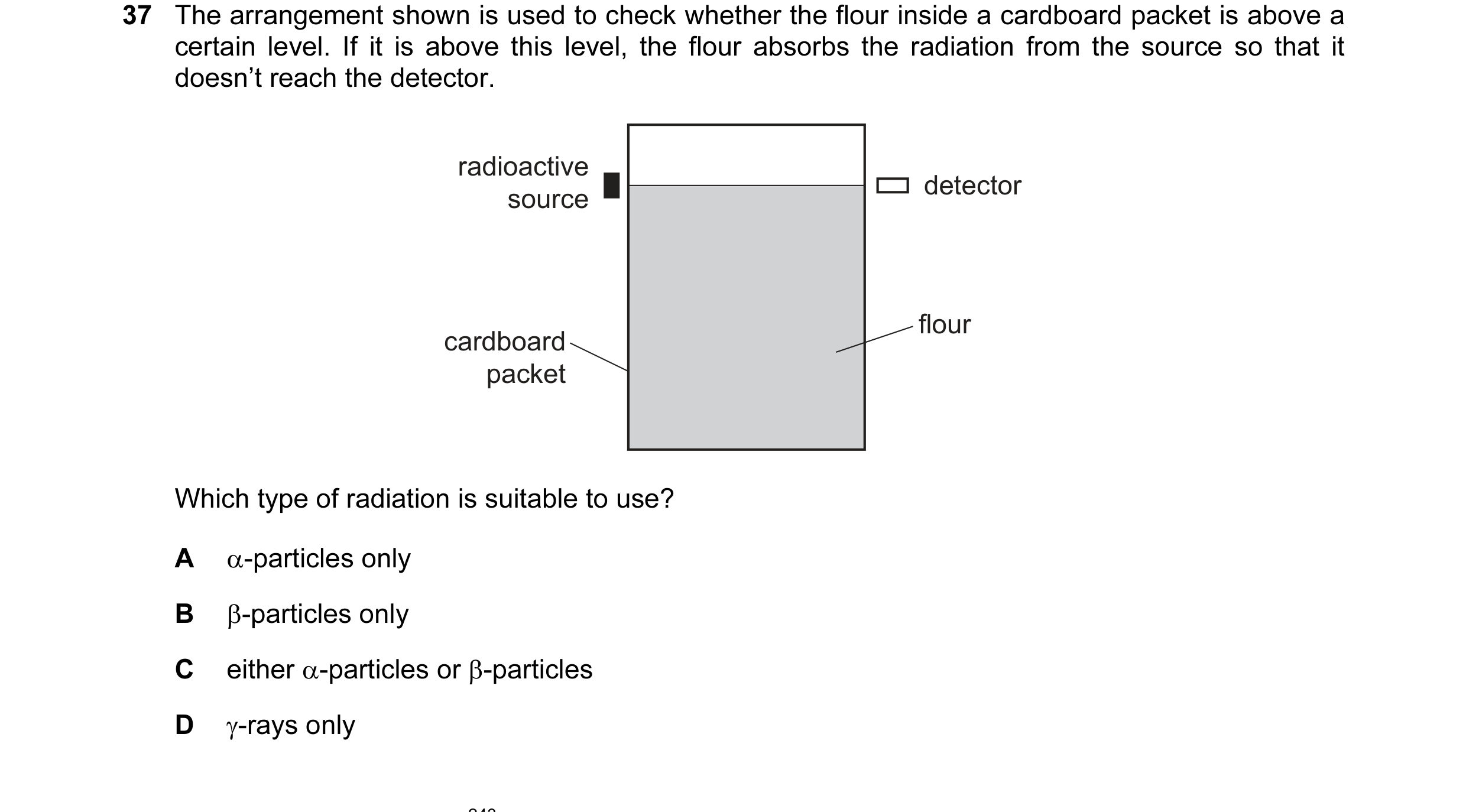 Question 5: The arrangement shown is used to check whether the flour inside a cardboard packet is above a certain level. If it is above this level, the…