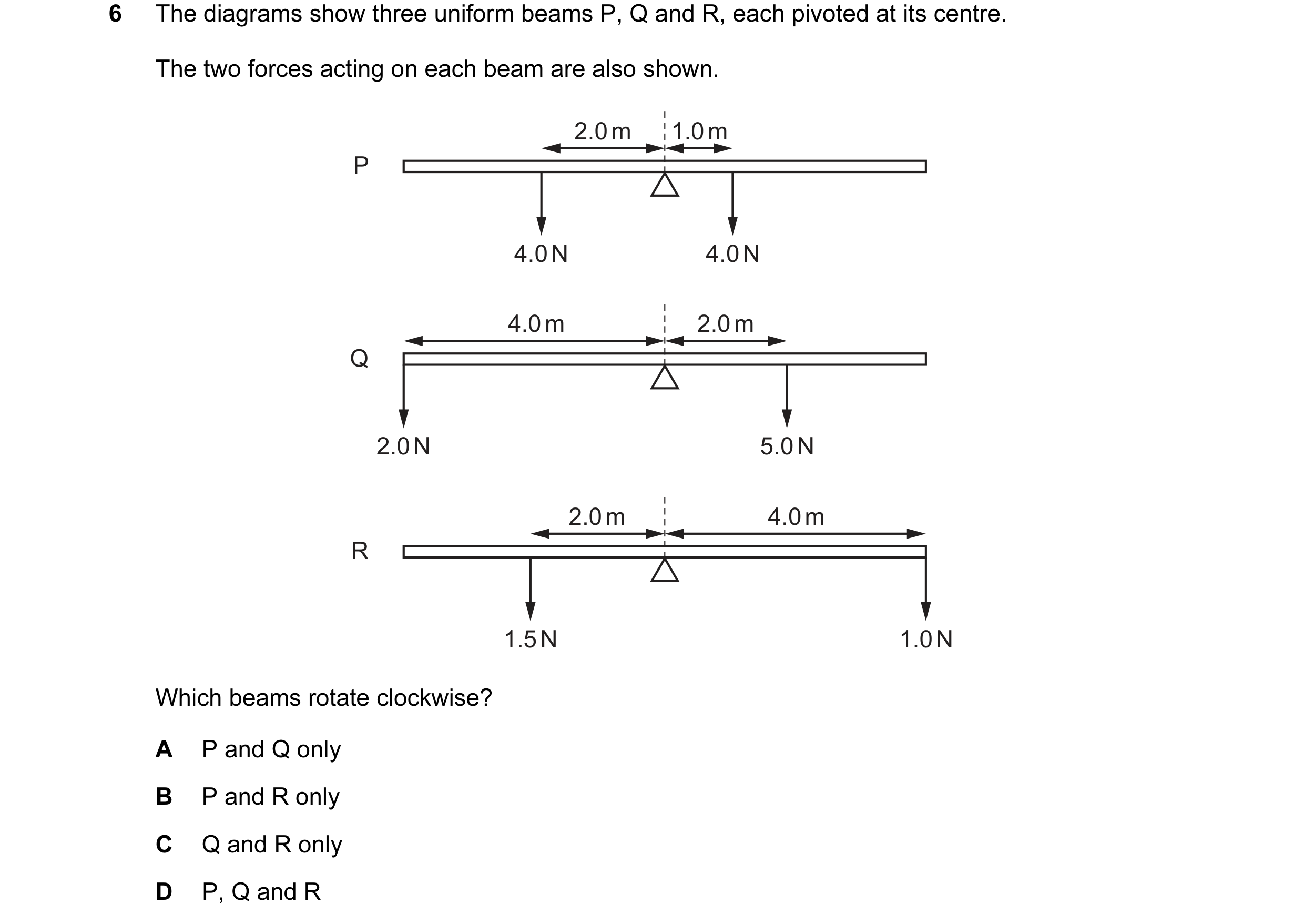 Question 5: The diagrams show three uniform beams P, Q and R, each pivoted at its centre. The two forces acting on each beam are also shown. 2.0 m 1.0 …