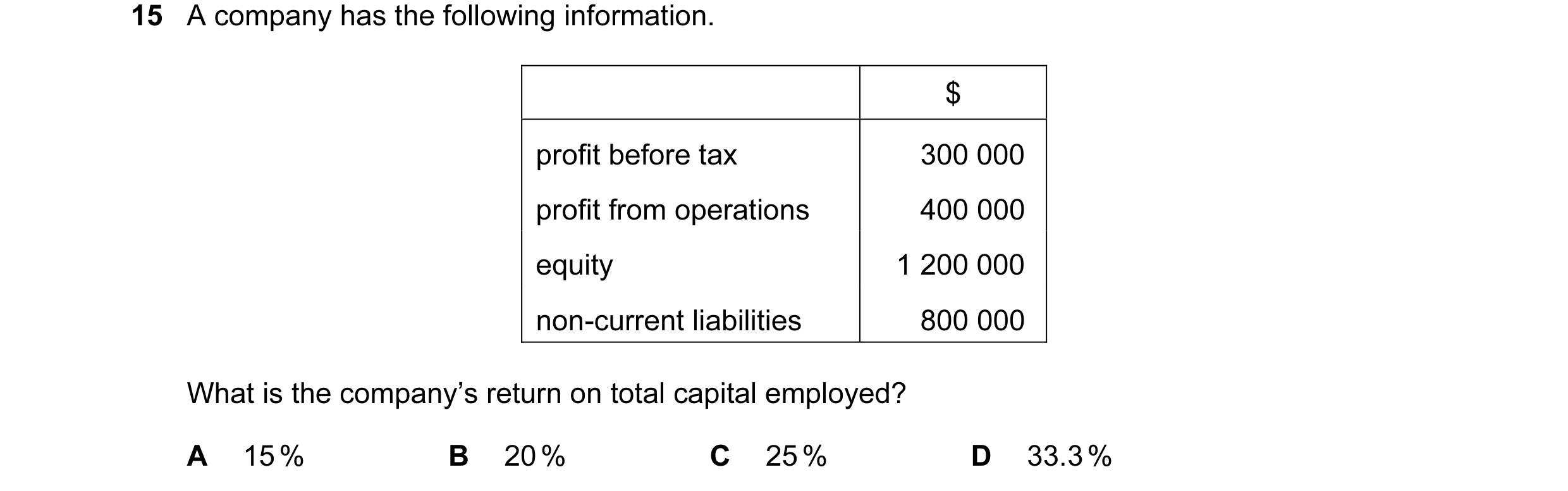 Question 37: A company has the following information. $ profit before tax 300 000 profit from operations 400 000 equity 1 200 000 non-current liabilitie…