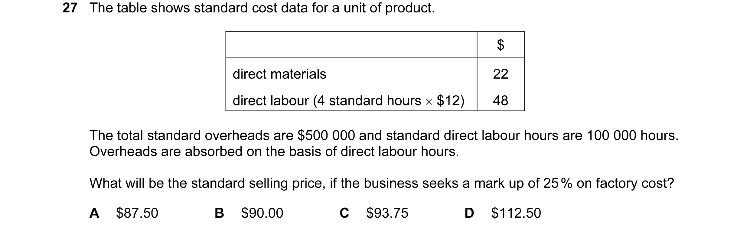 Question 46: The table shows standard cost data for a unit of product. $ direct materials 22 direct labour (4 standard hours × $12) 48 The total standar…