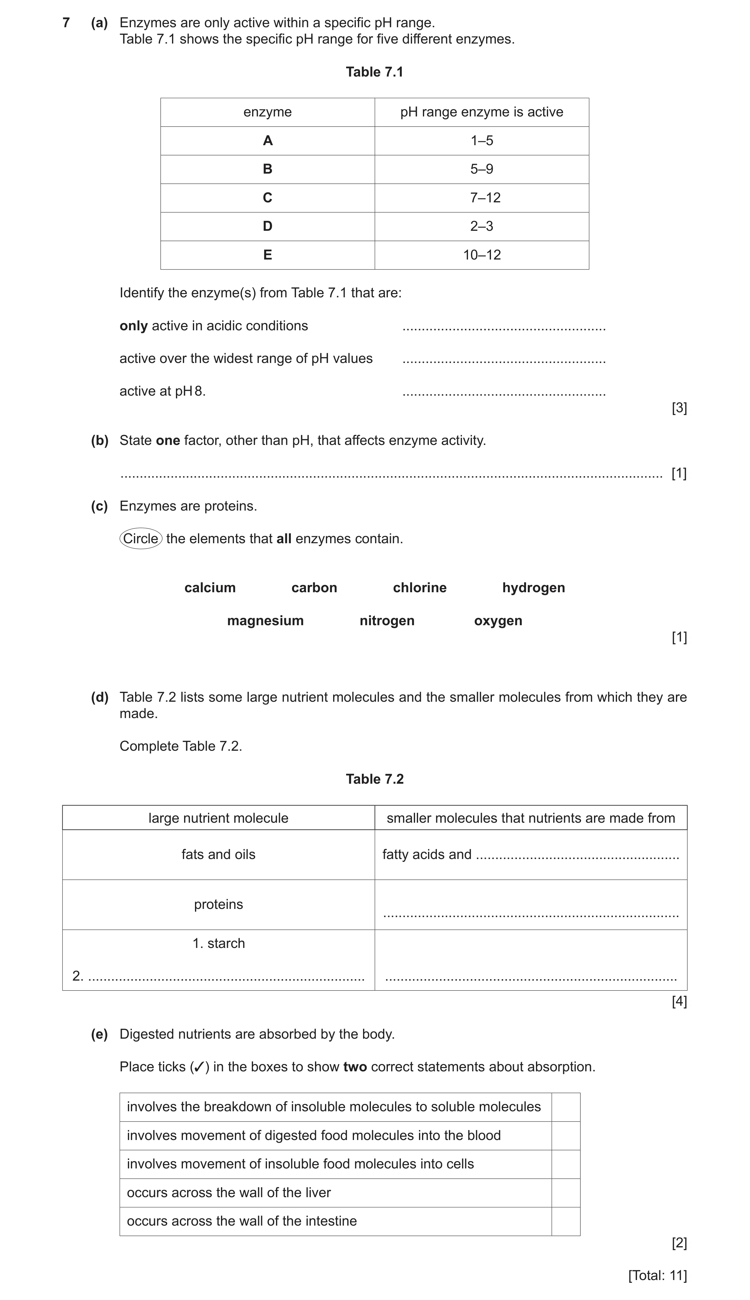 Question 10: (a) Enzymes are only active within a specific pH range. Table 7.1 shows the specific pH range for five different enzymes. Table 7.1 enzyme …