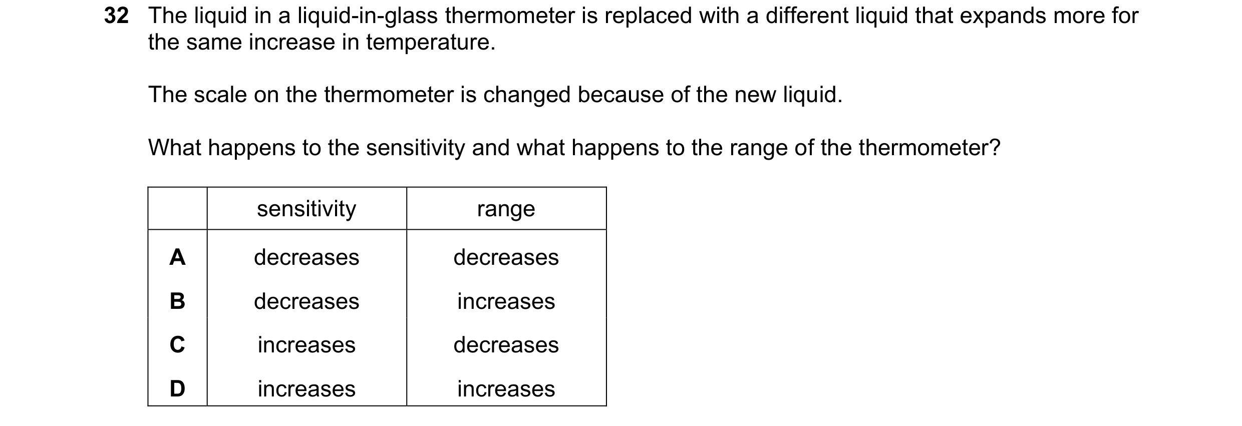 Question 15: The liquid in a liquid-in-glass thermometer is replaced with a different liquid that expands more for the same increase in temperature. The…