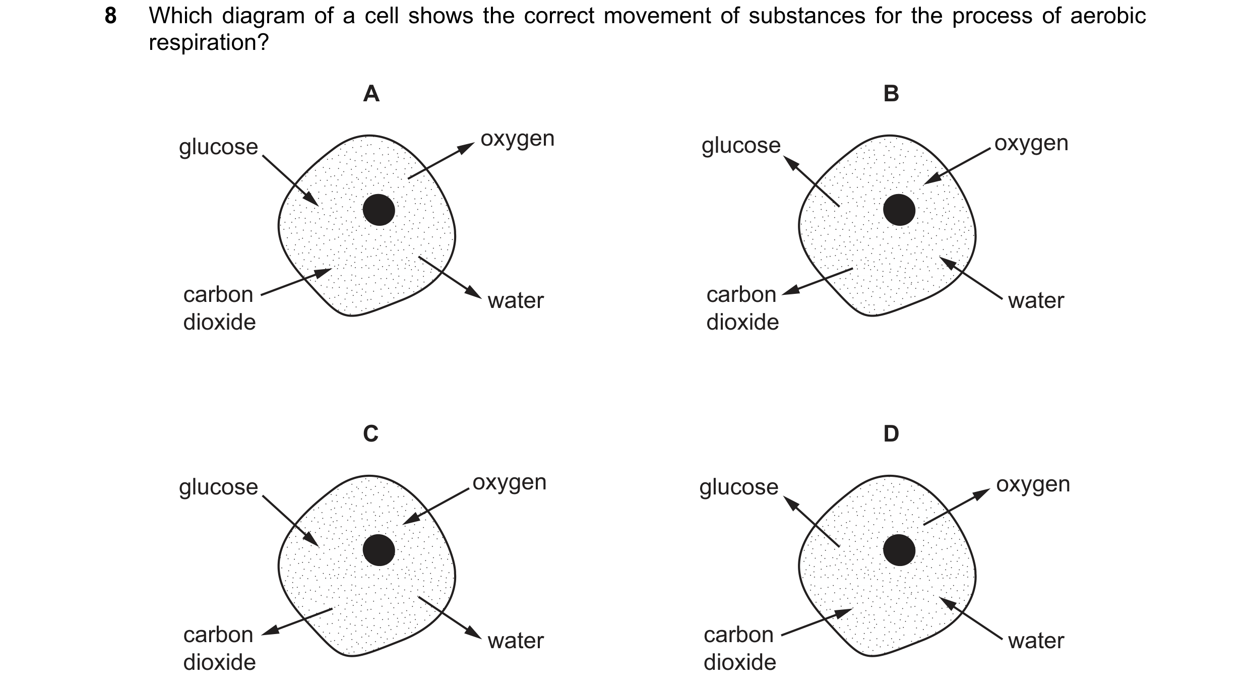 Question 29: Which diagram of a cell shows the correct movement of substances for the process of aerobic respiration? A B glucose oxygen glucose oxygen …