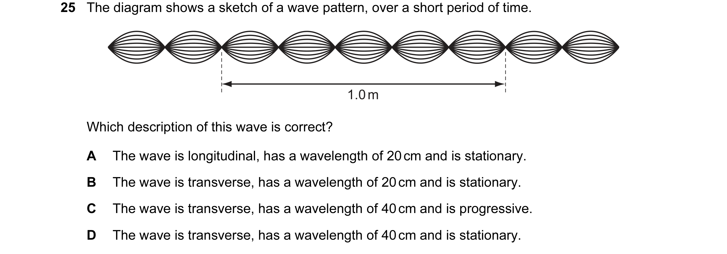 Question 41: The diagram shows a sketch of a wave pattern, over a short period of time. 1.0 m Which description of this wave is correct? A The wave is l…