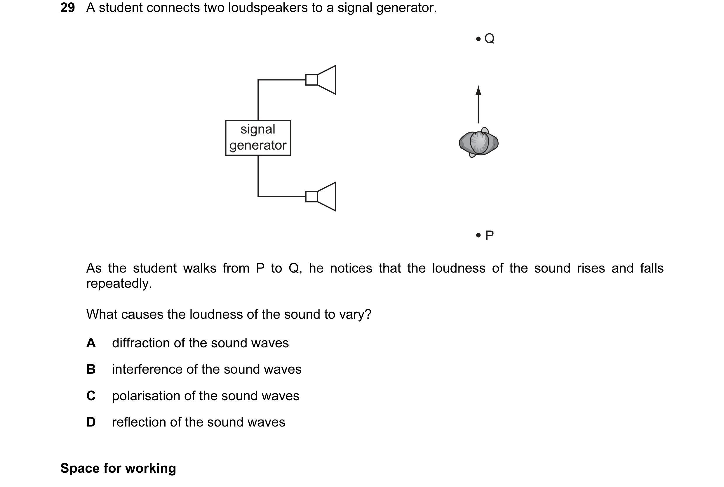 Question 23: A student connects two loudspeakers to a signal generator. Q signal generator P As the student walks from P to Q, he notices that the loudn…