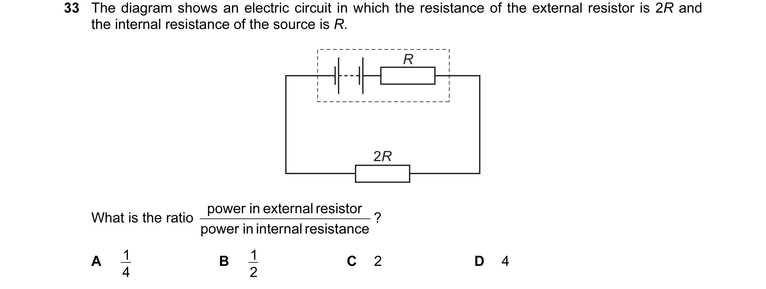 Question 57: The diagram shows an electric circuit in which the resistance of the external resistor is 2R and the internal resistance of the source is R…