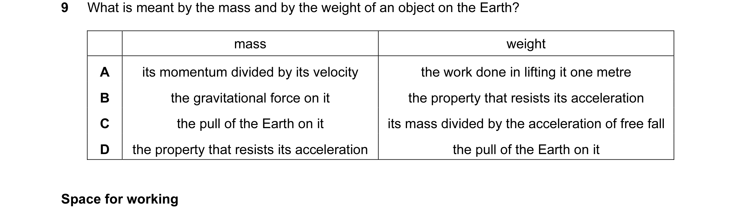 Question 41: What is meant by the mass and by the weight of an object on the Earth? mass weight A its momentum divided by its velocity the work done in …