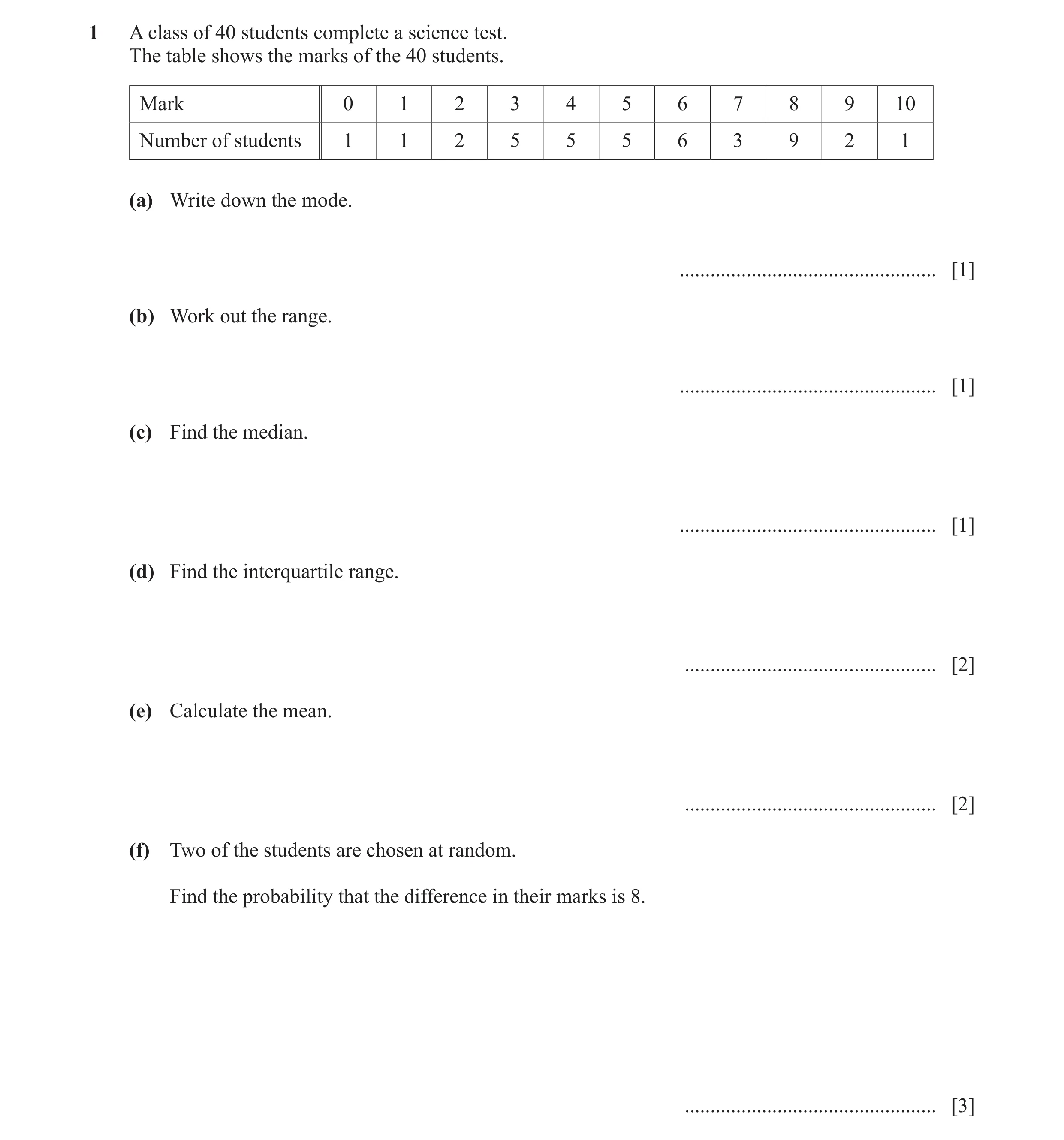 Question 19: A class of 40 students complete a science test. The table shows the marks of the 40 students. Mark 0 1 2 3 4 5 6 7 8 9 10 Number of student…