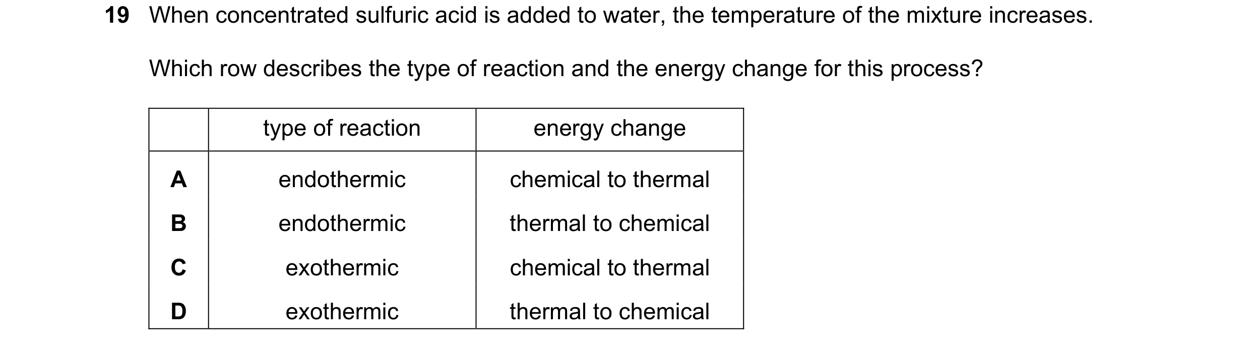 Question 11: When concentrated sulfuric acid is added to water, the temperature of the mixture increases. Which row describes the type of reaction and t…