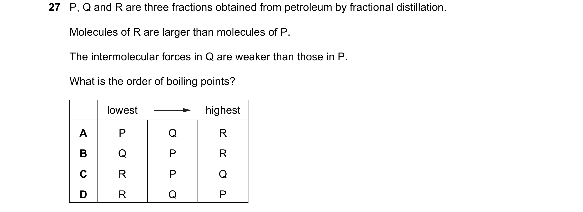 Question 10: P, Q and R are three fractions obtained from petroleum by fractional distillation. Molecules of R are larger than molecules of P. The inter…