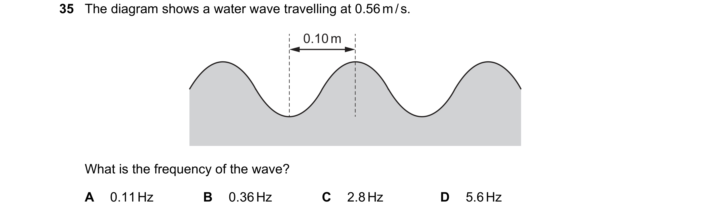 Question 15: The diagram shows a water wave travelling at 0.56 m / s. 0.10 m What is the frequency of the wave? A 0.11 Hz B 0.36 Hz C 2.8 Hz D 5.6 Hz