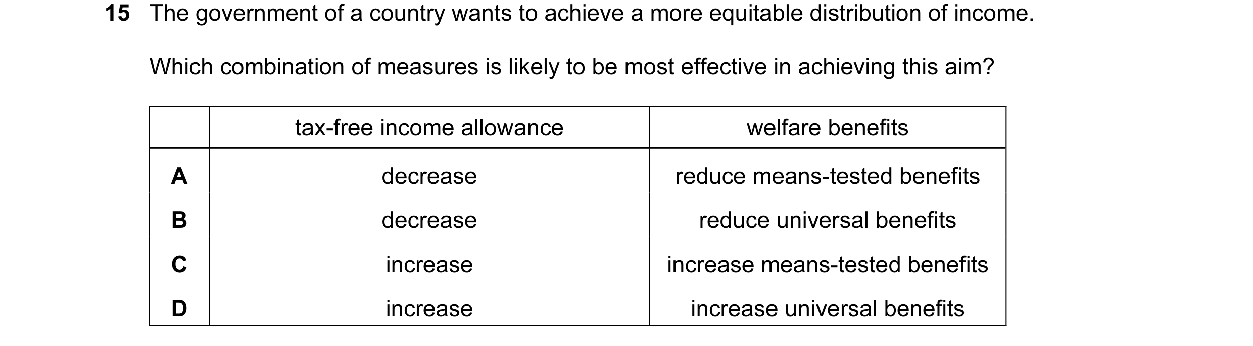 Question 9: The government of a country wants to achieve a more equitable distribution of income. Which combination of measures is likely to be most ef…