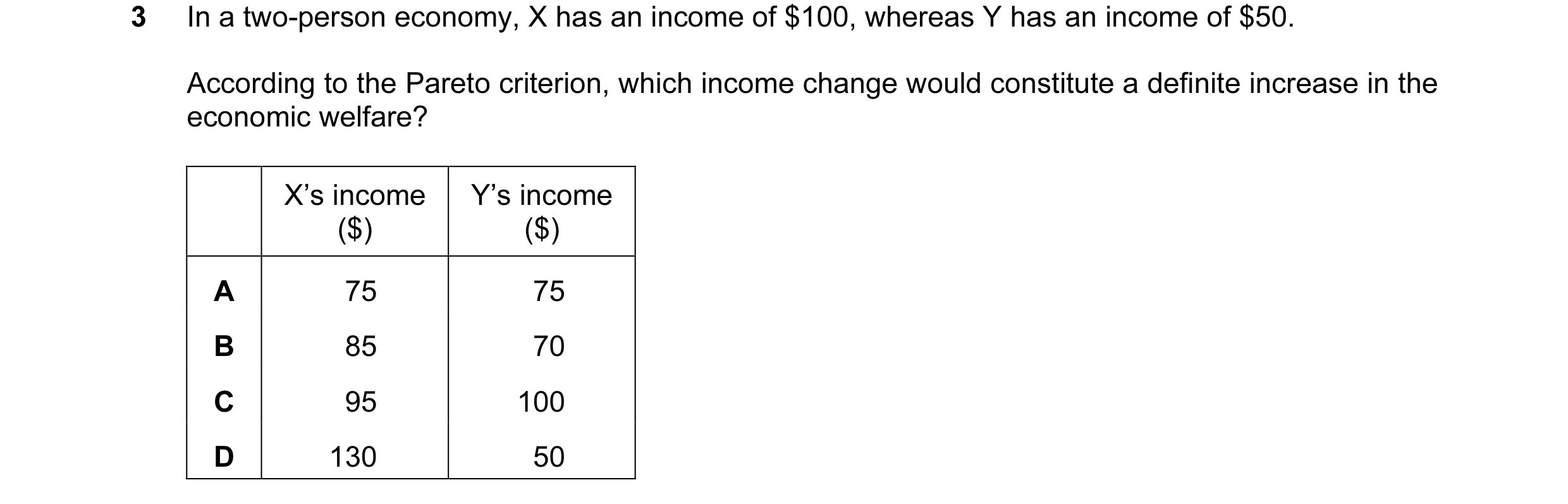 Question 67: In a two-person economy, X has an income of $100, whereas Y has an income of $50. According to the Pareto criterion, which income change wo…