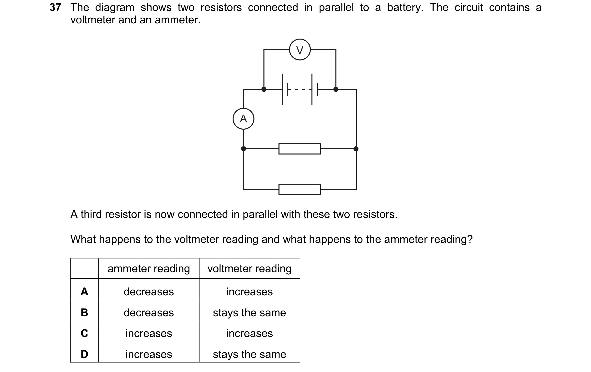 Question 121: The diagram shows two resistors connected in parallel to a battery. The circuit contains a voltmeter and an ammeter. V A A third resistor i…