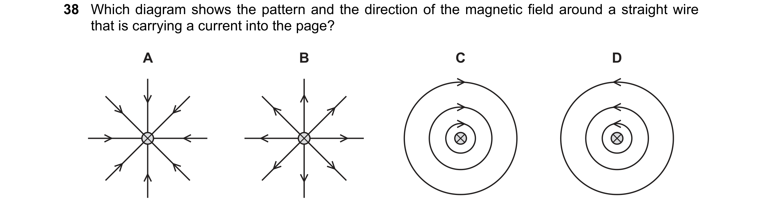 Question 45: Which diagram shows the pattern and the direction of the magnetic field around a straight wire that is carrying a current into the page? A …