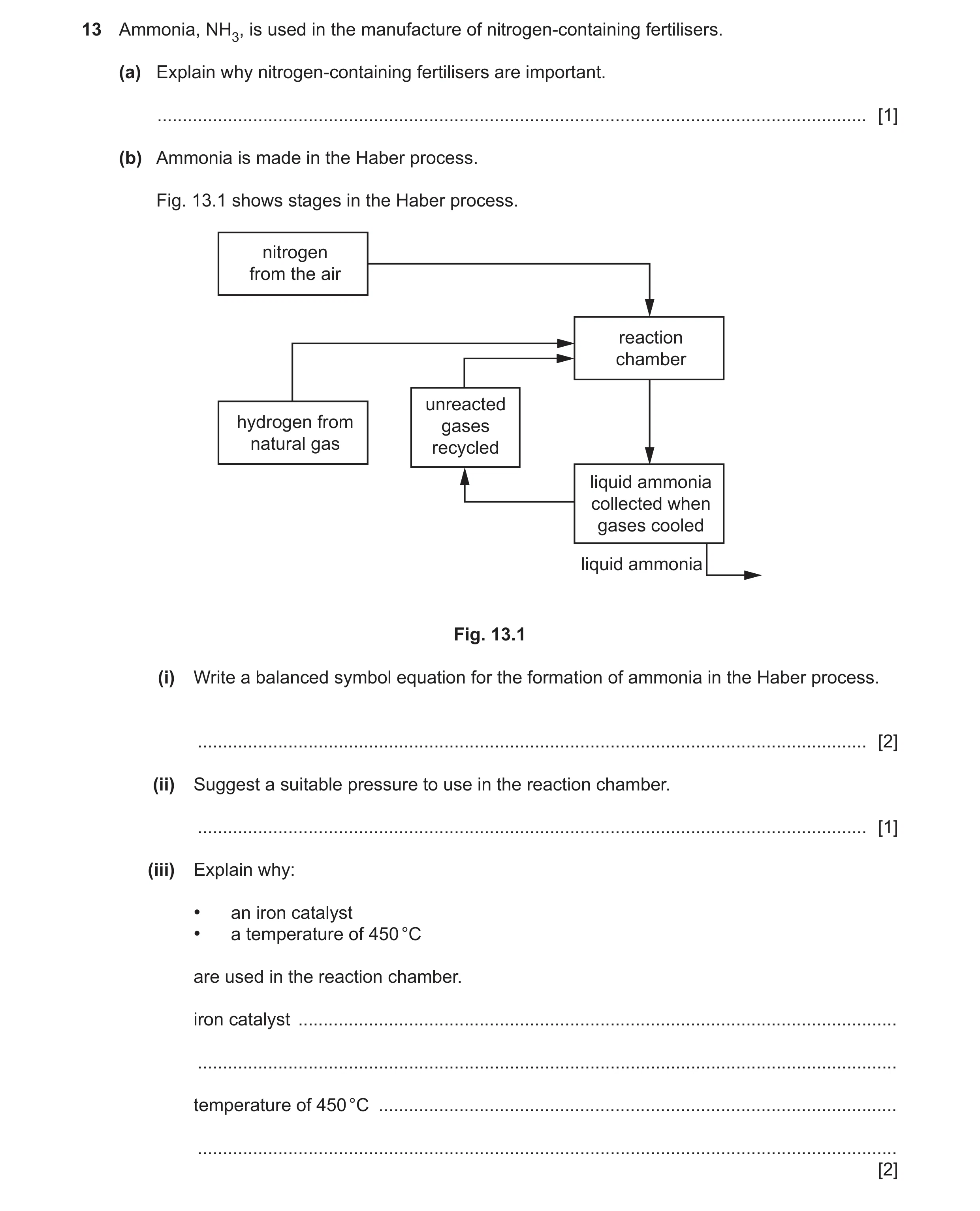Question 13: Ammonia, NH3, is used in the manufacture of nitrogen‑containing fertilisers. (a) Explain why nitrogen‑containing fertilisers are important.…