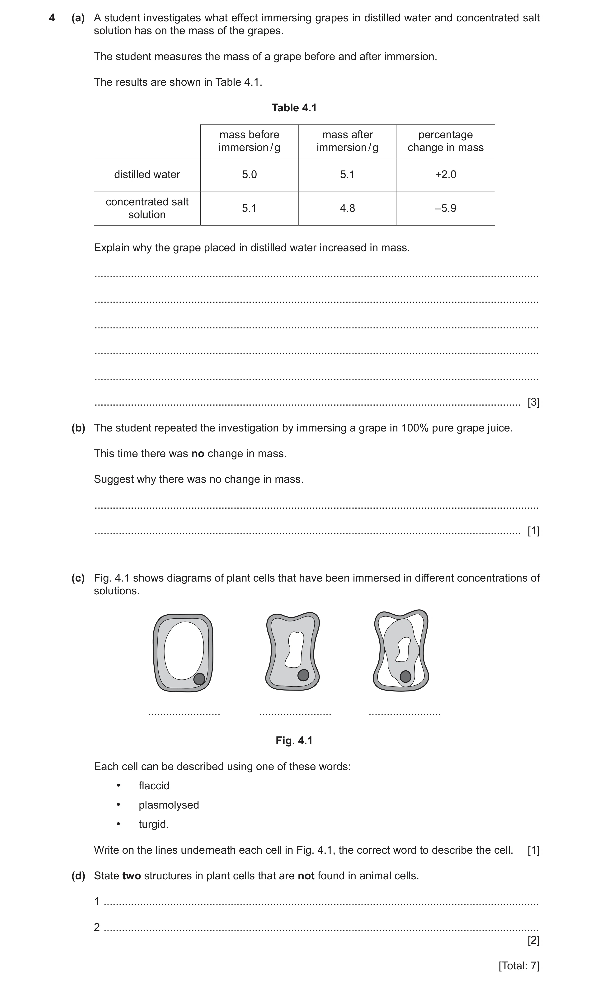 Question 5: (a) A student investigates what effect immersing grapes in distilled water and concentrated salt solution has on the mass of the grapes. Th…