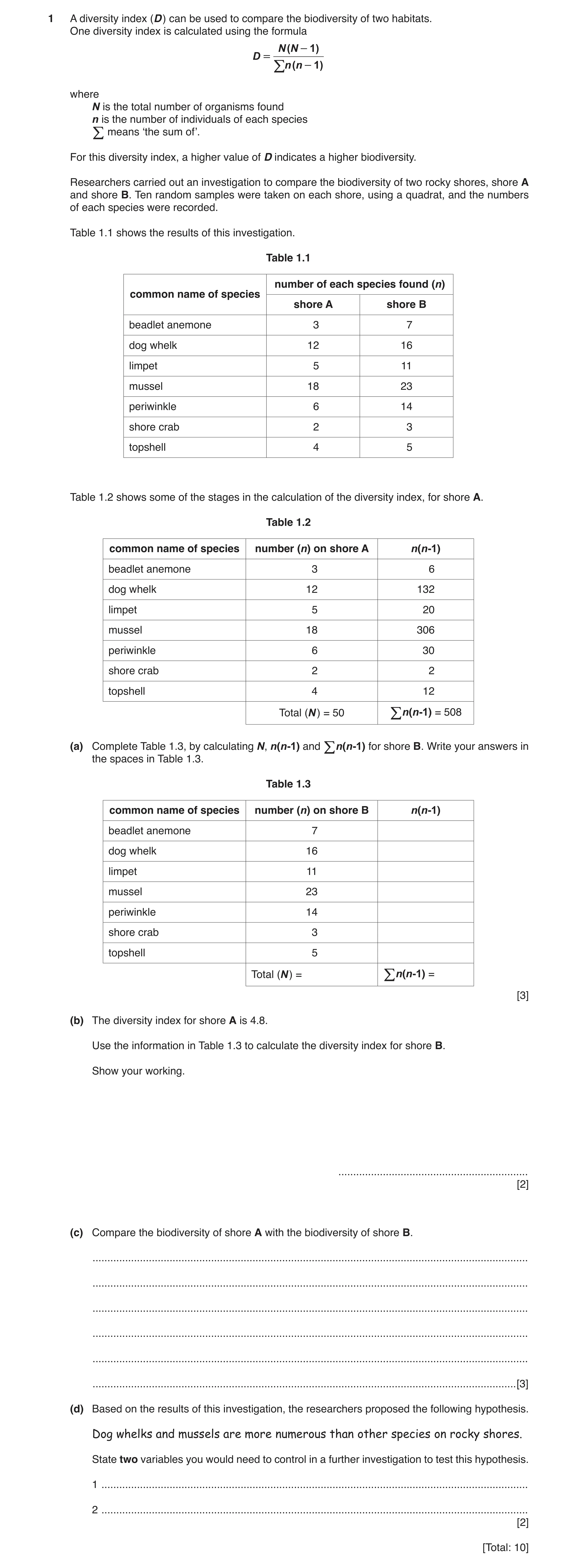 Question 3: A diversity index (D ) can be used to compare the biodiversity of two habitats. One diversity index is calculated using the formula N (N - …